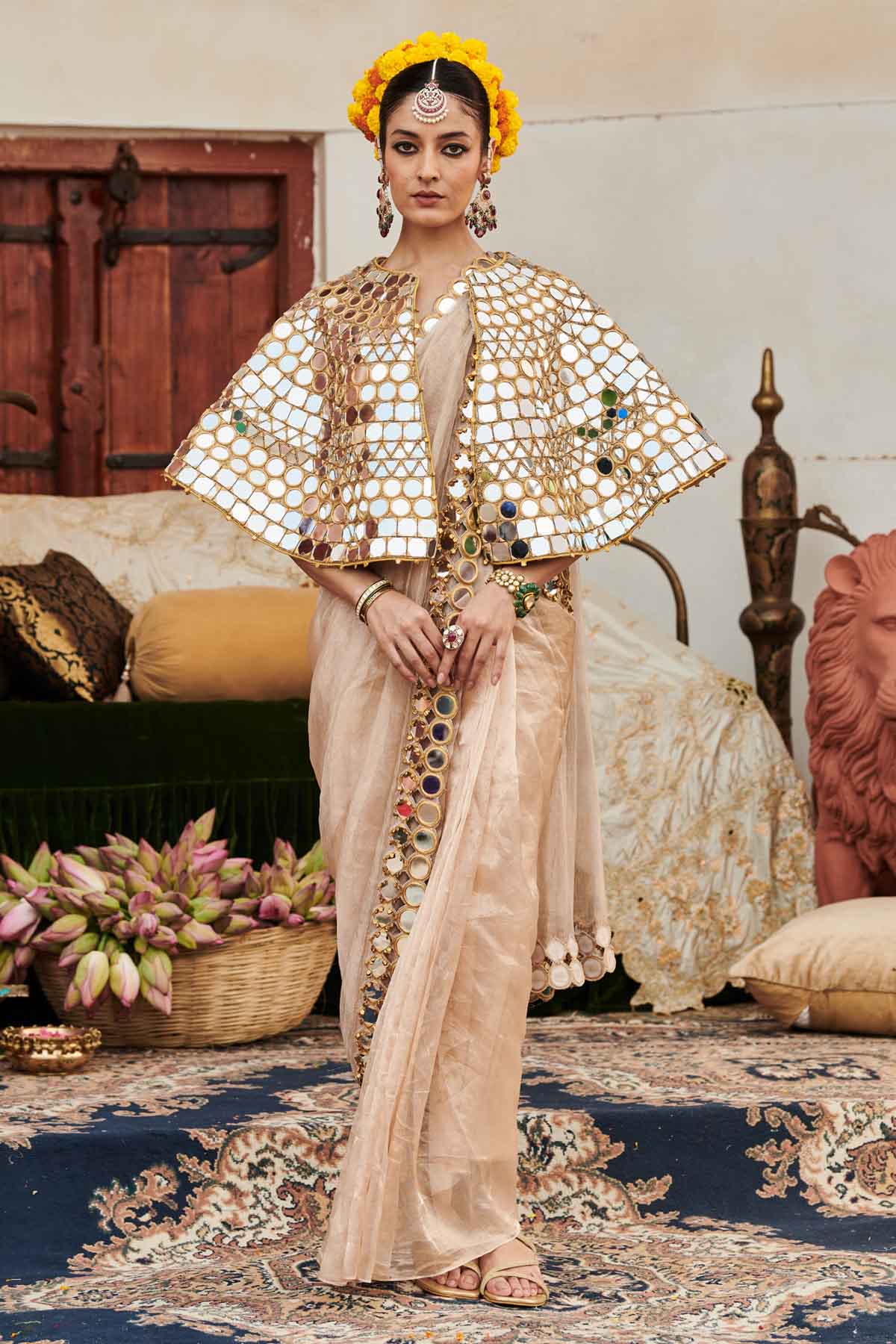 Buy ITRH, Designer Beige Saree & Mirror Work Cape Online