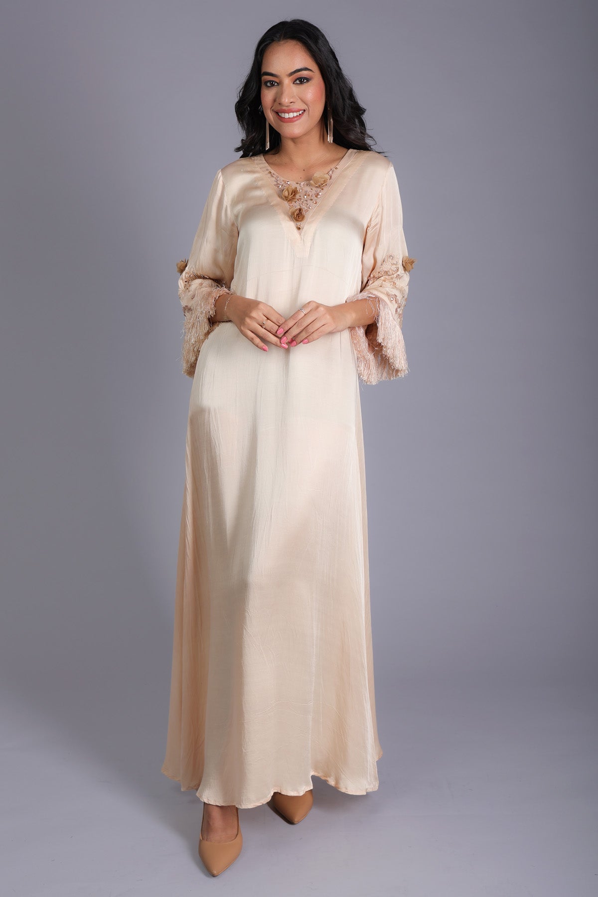 Etti Kapoor Beige Satin Embroidered Dress Online