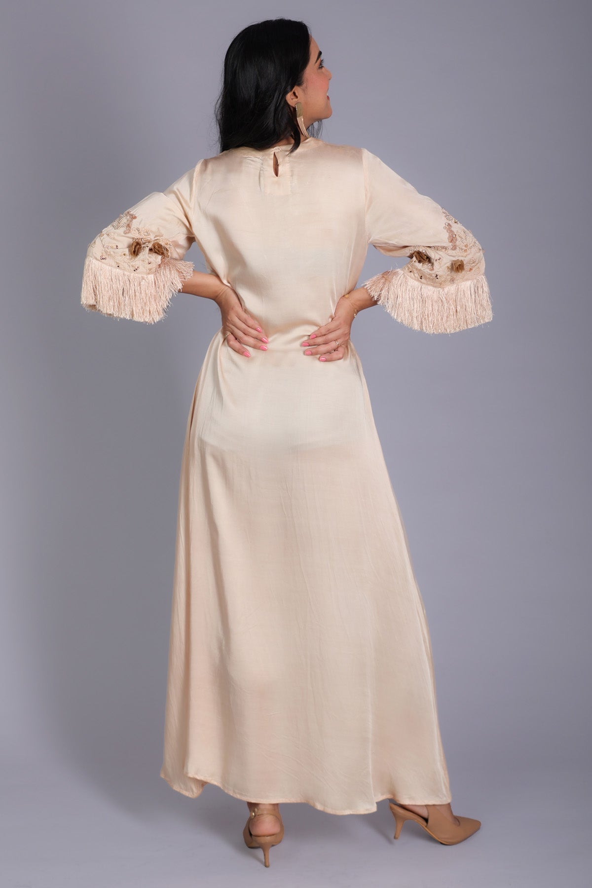 Beige Satin Embroidered Dress