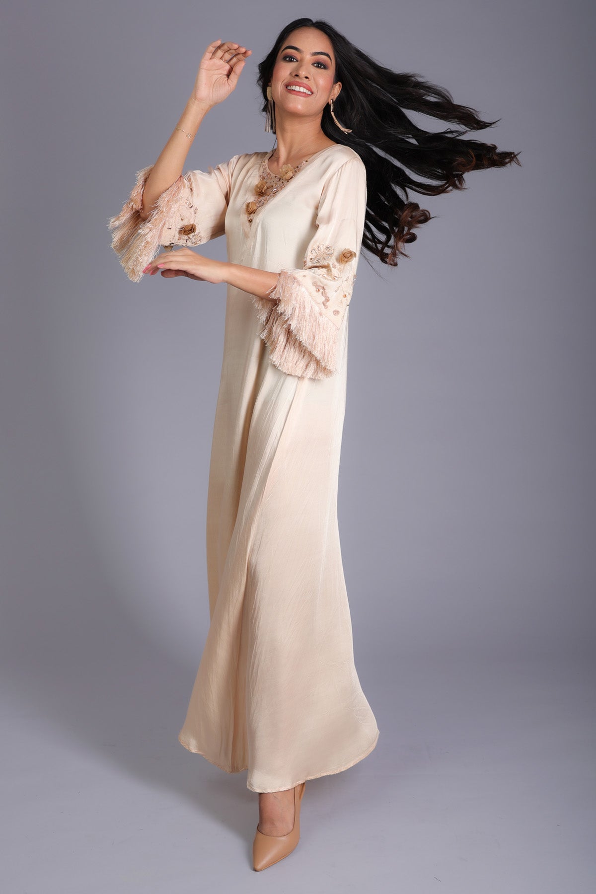 Beige Satin Embroidered Dress