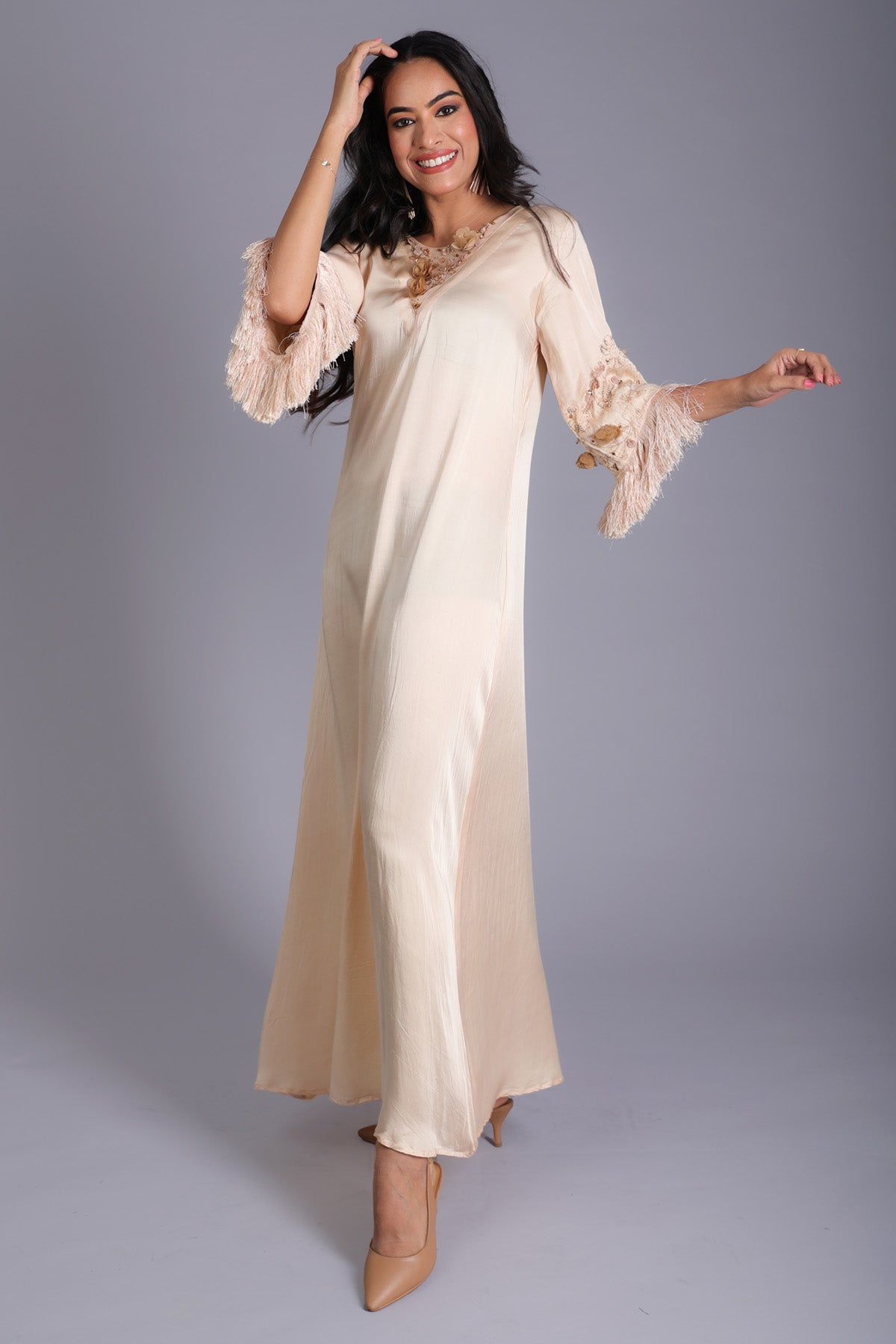 Beige Satin Embroidered Dress