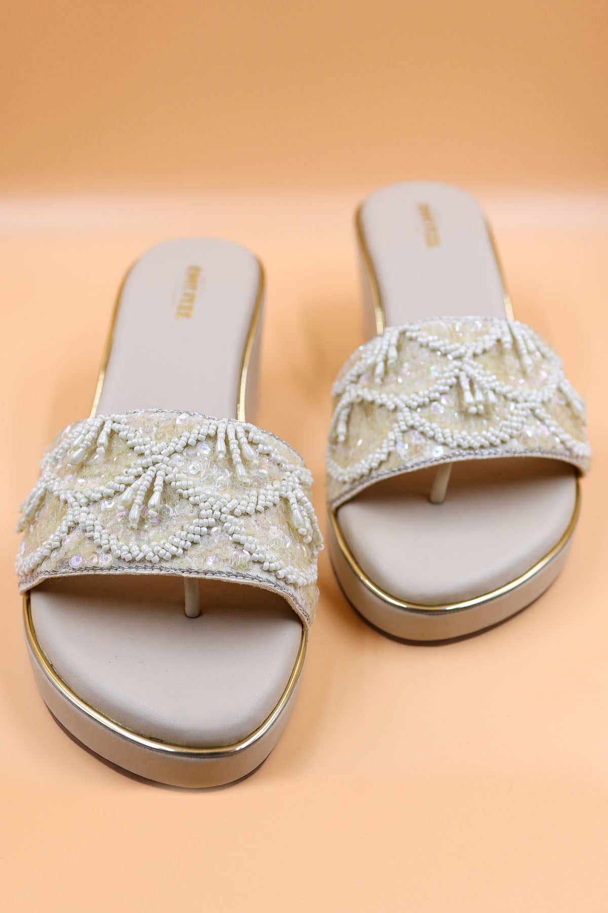 Beige Sequins Embellished Wedges