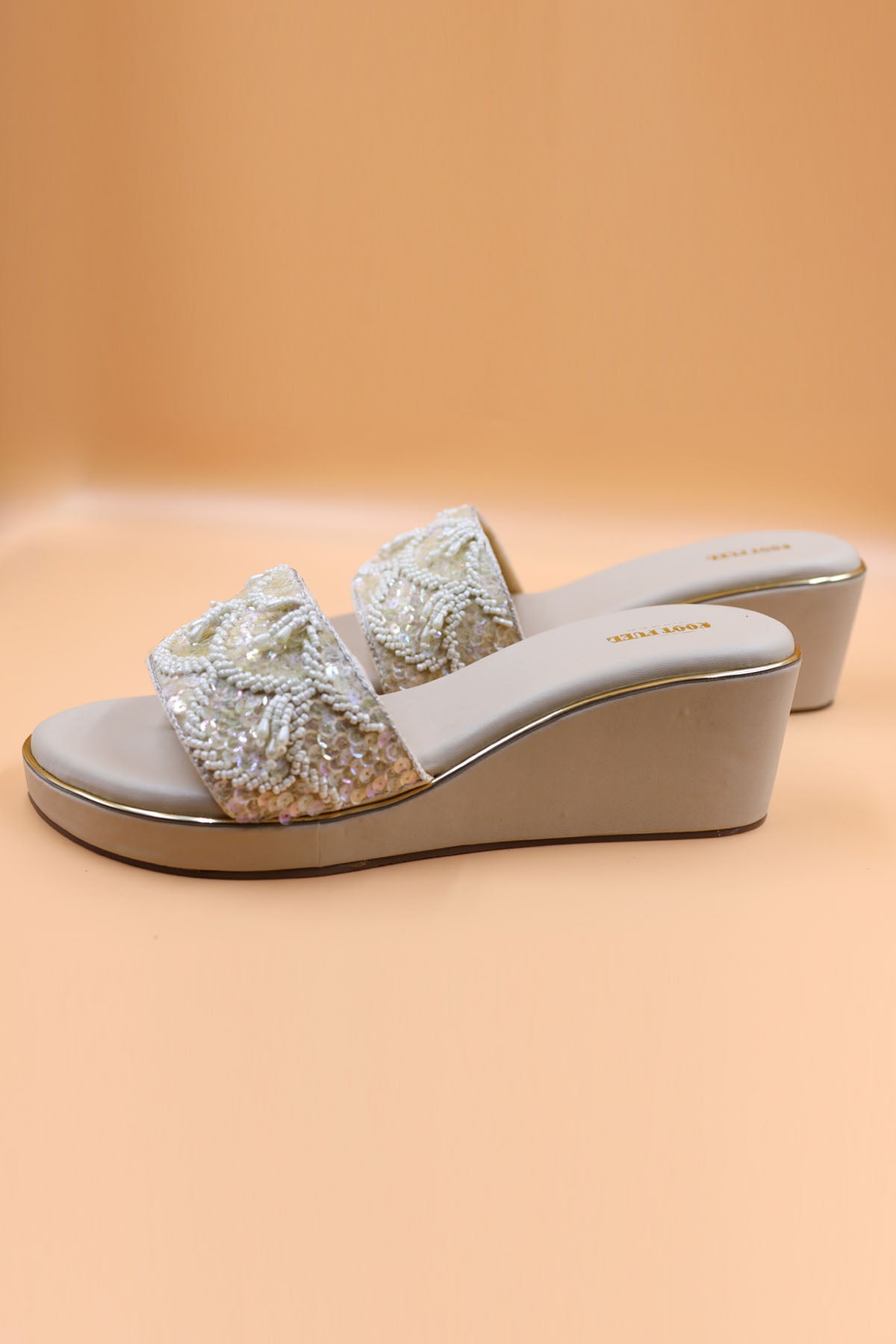 Beige Sequins Embellished Wedges