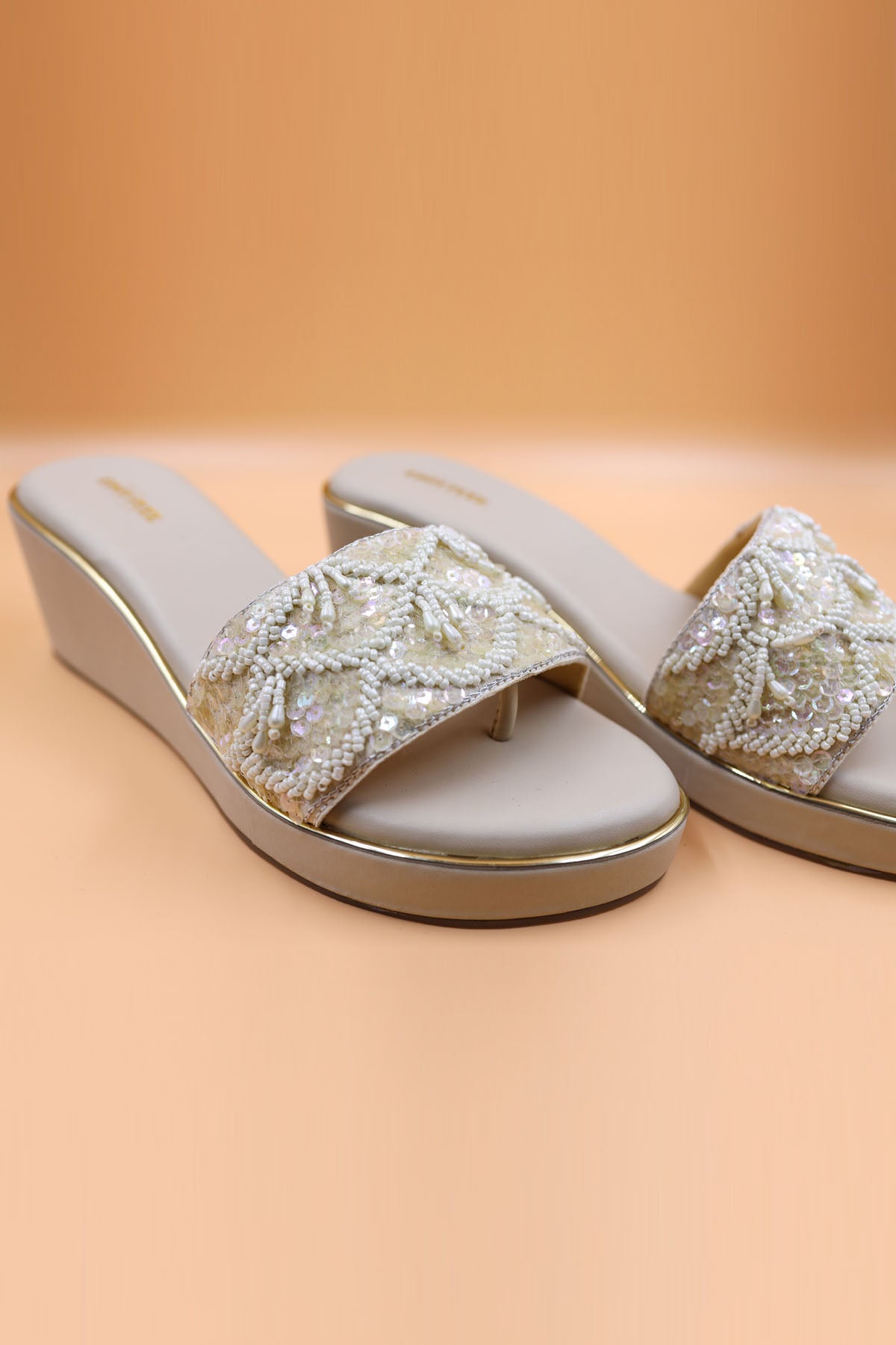 Beige Sequins Embellished Wedges