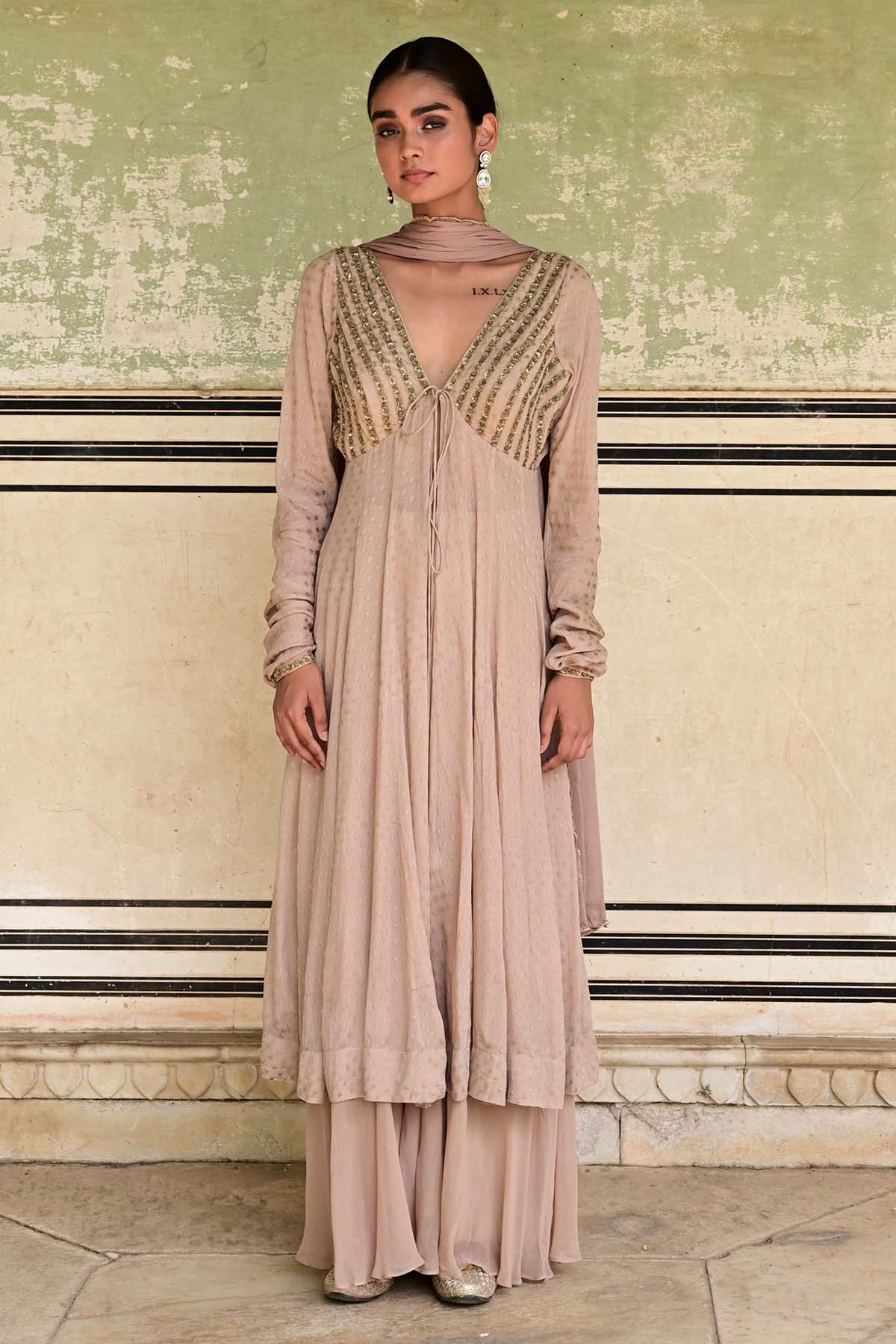 Taro India Beige Sequins Flared Kurta Set for women online at ScrollnShops