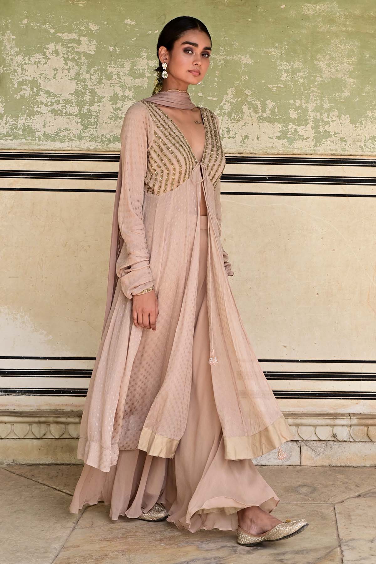 Beige Sequins Flared Kurta Set