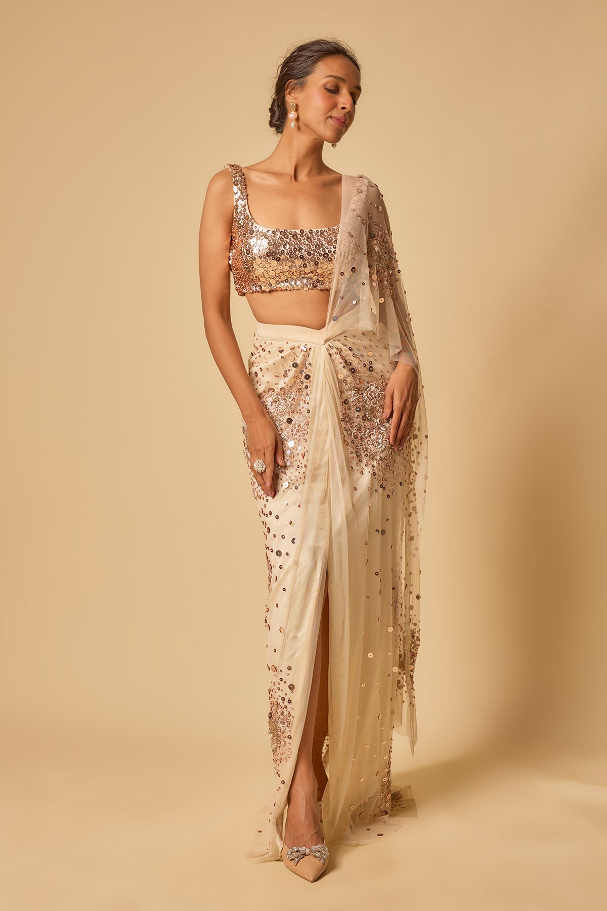 Beige Sequins Pre-Stitched Saree