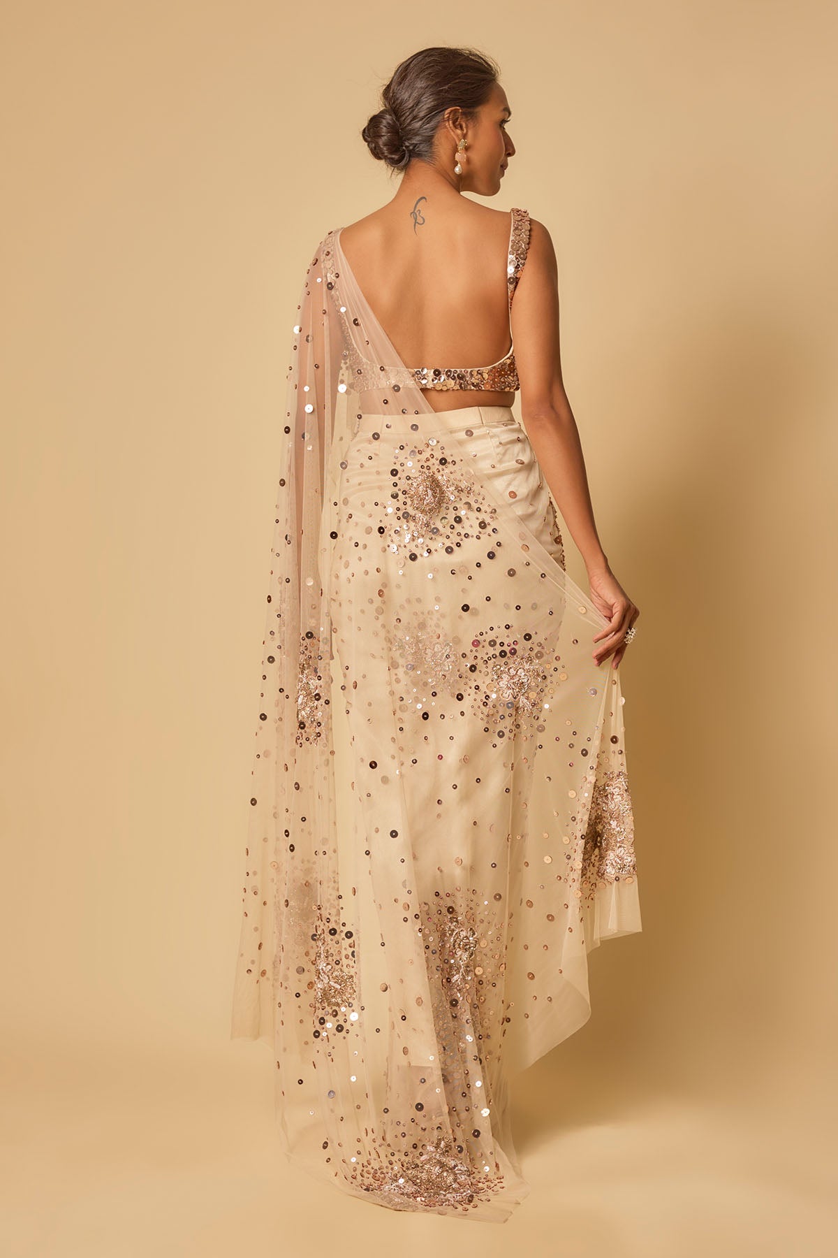 Beige Sequins Pre-Stitched Saree