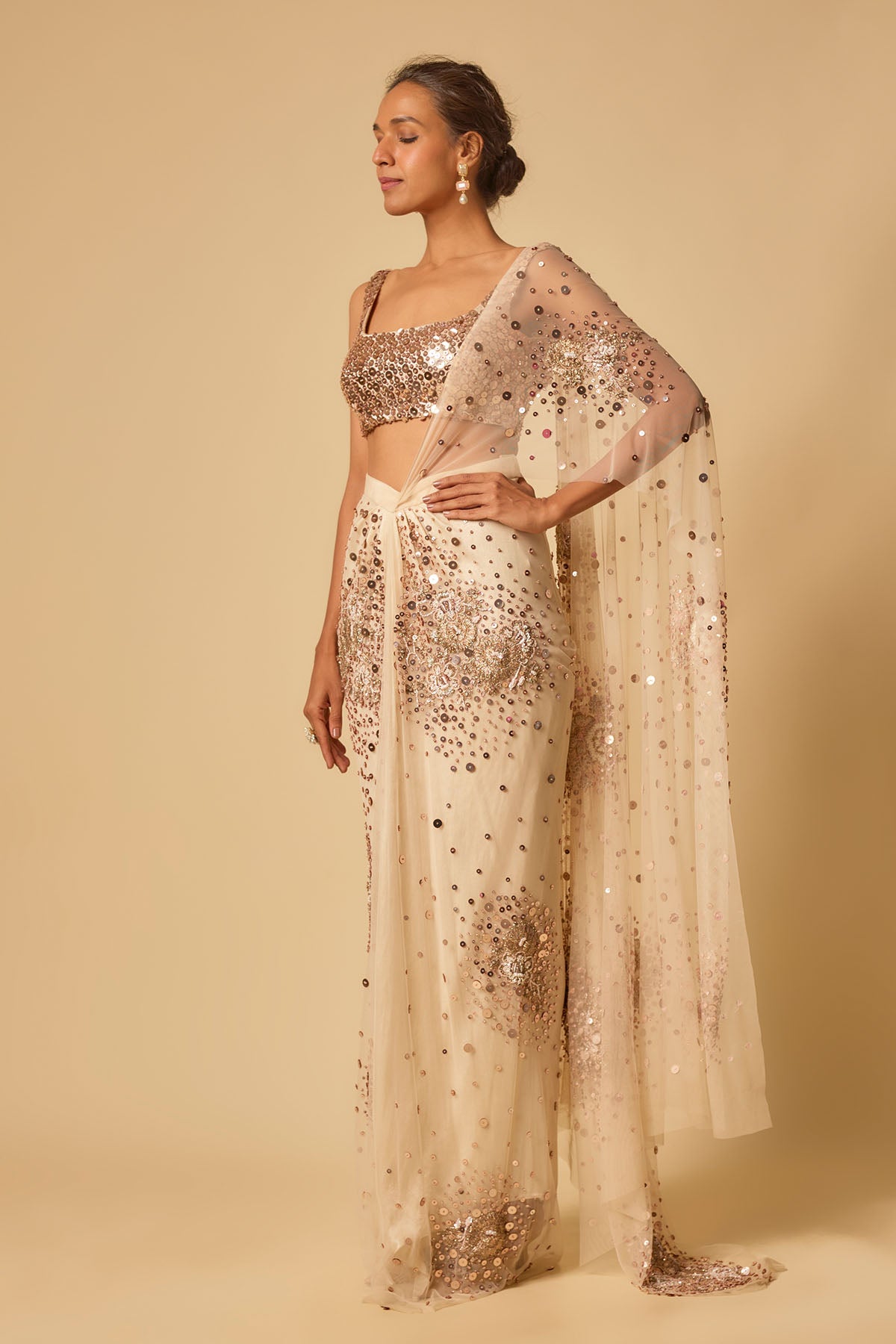 Beige Sequins Pre-Stitched Saree