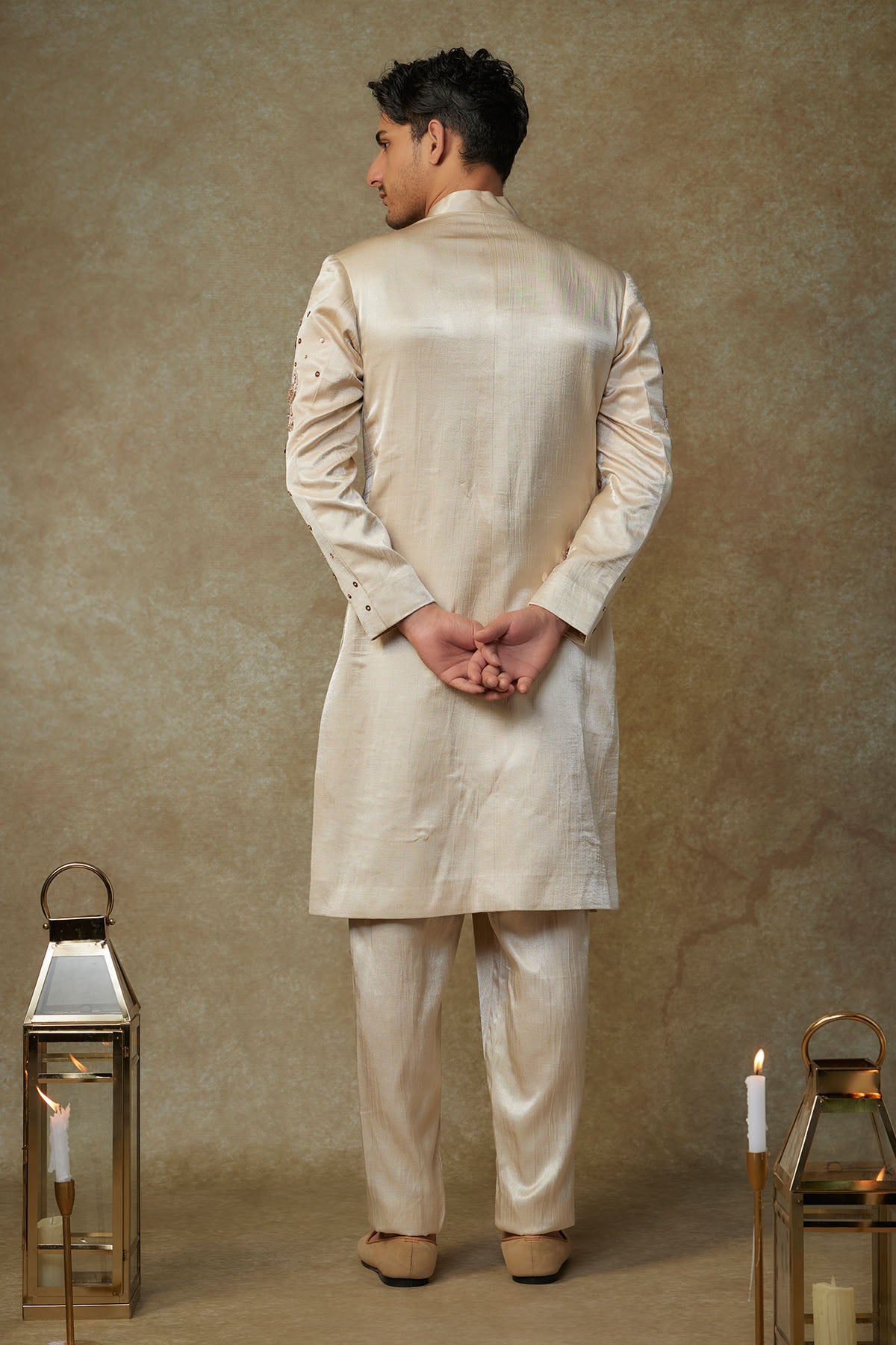 Beige Sequins Work Sherwani Set