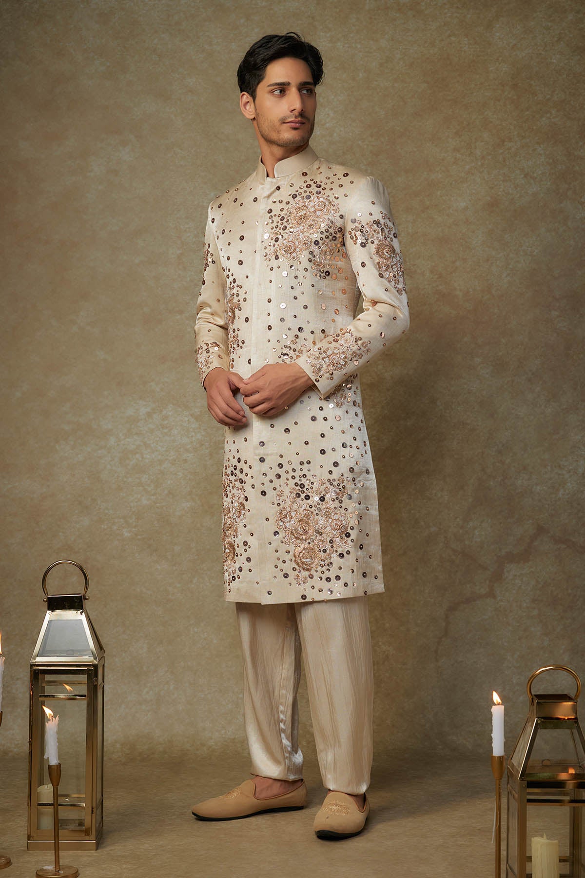 Beige Sequins Work Sherwani Set