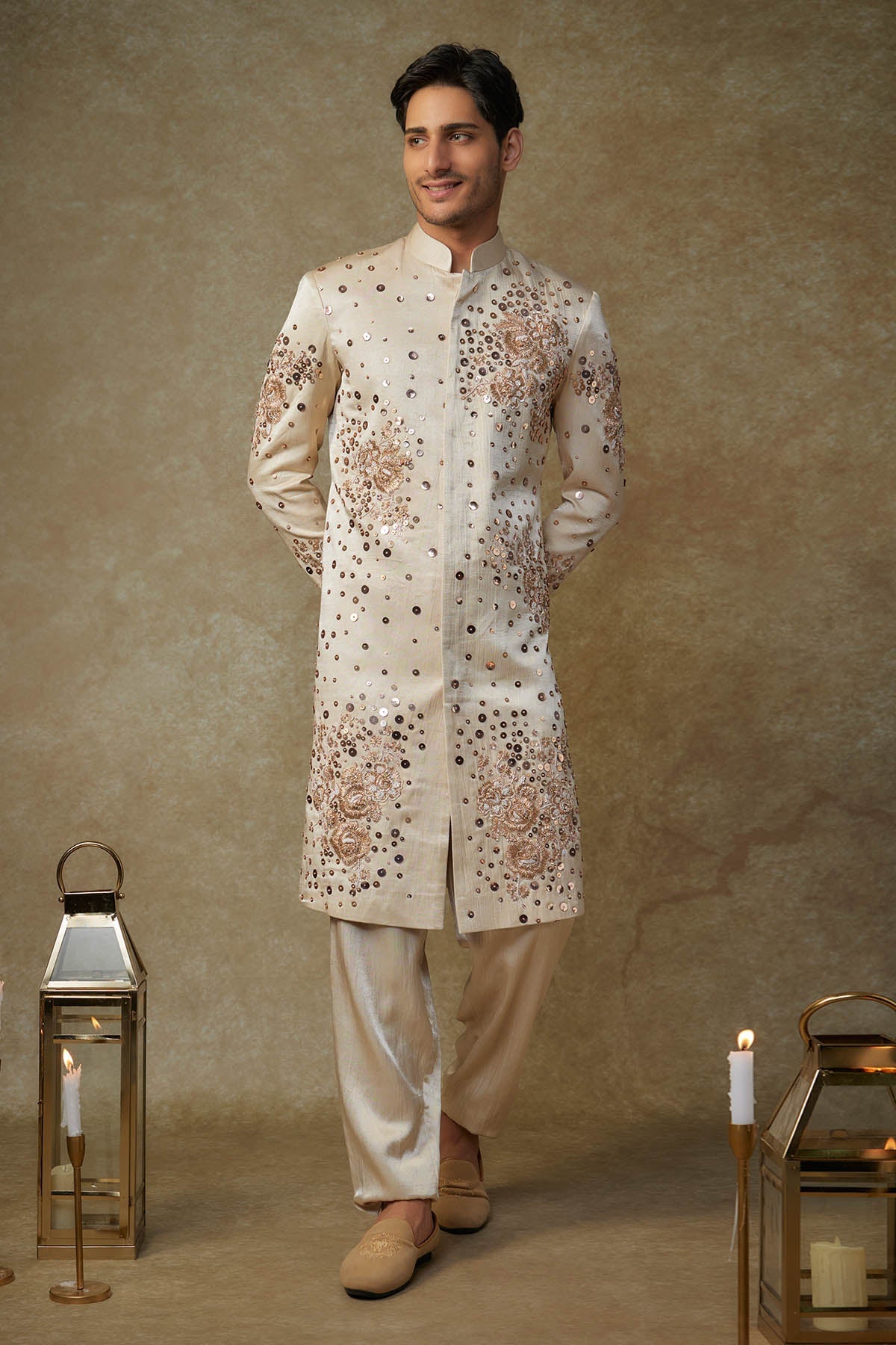 Buy Beige Sequins Work Sherwani Set by Masumi Mewawalla for men online at ScrollnShops