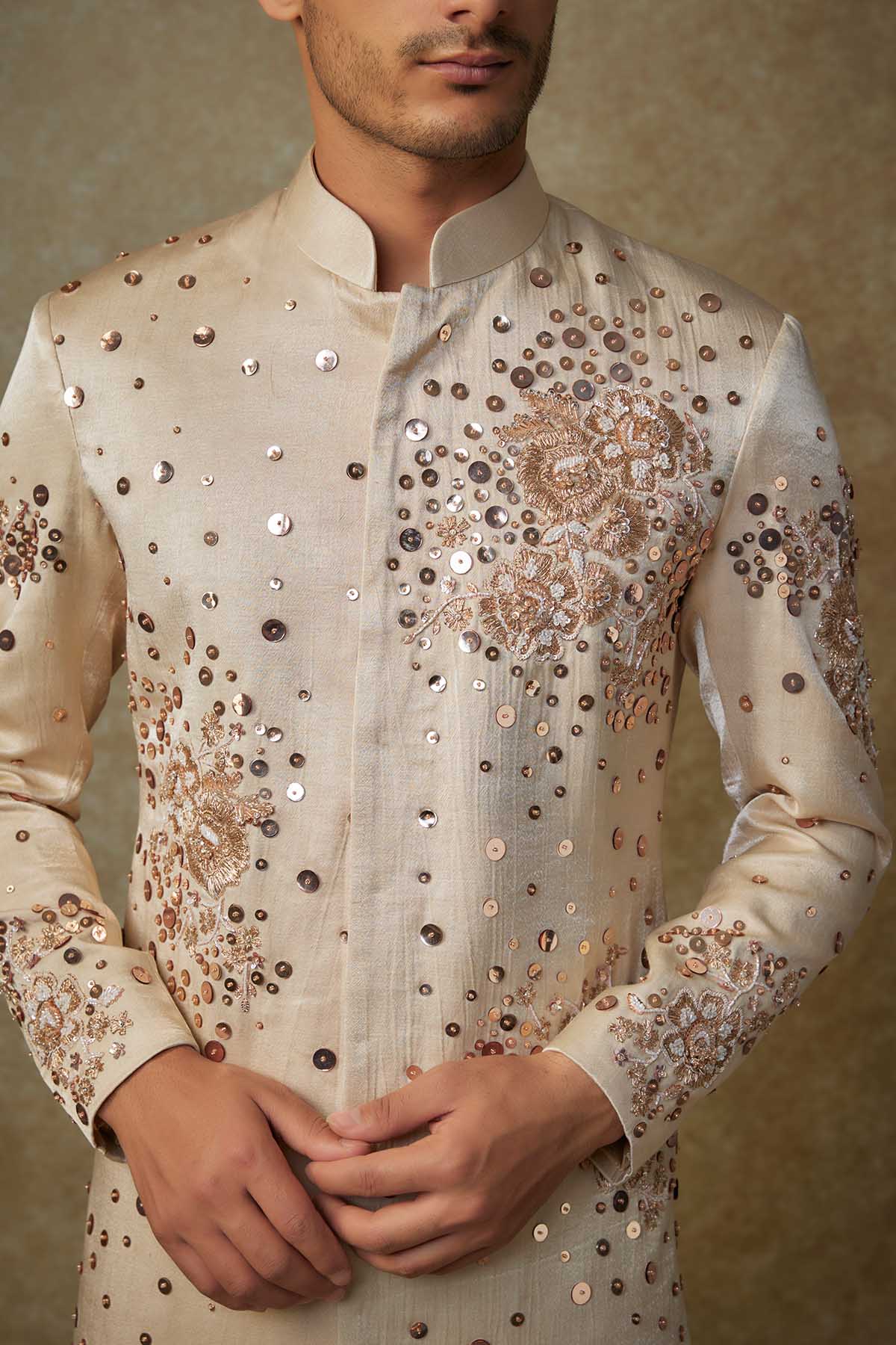 Beige Sequins Work Sherwani Set