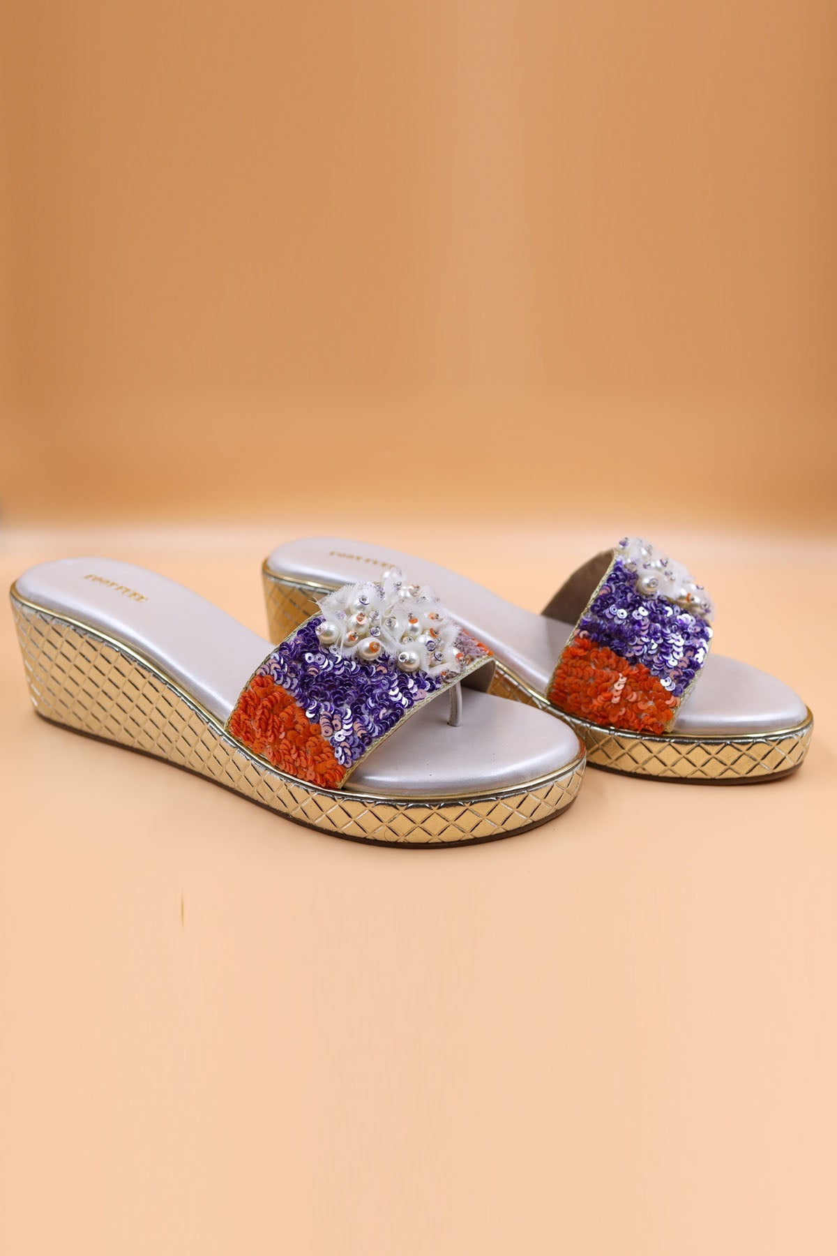 Foot Fuel Beige Sequins Zardosi Wedges for accessories online at ScrollnShops