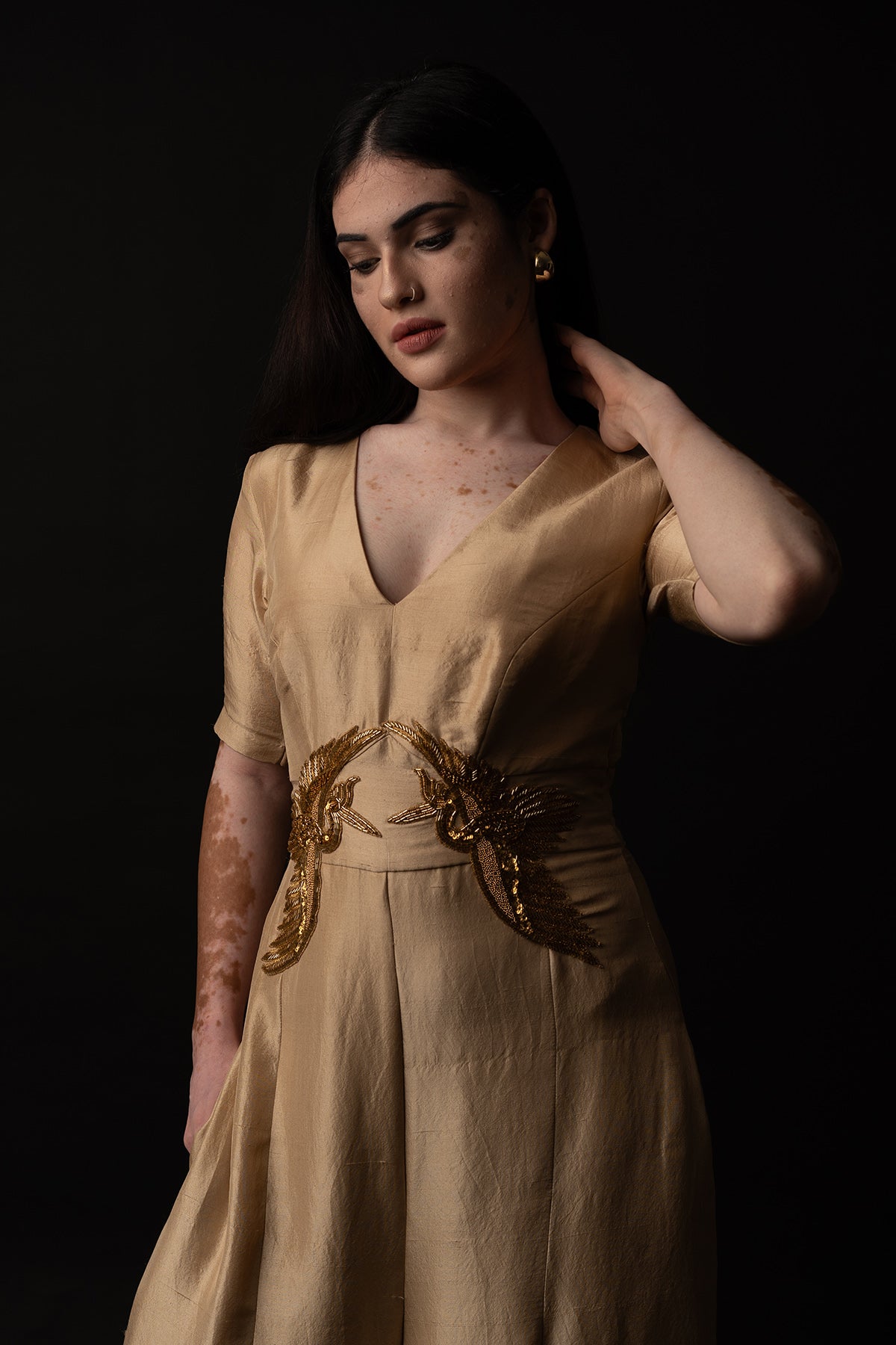 Beige Silk Embroidered Jumpsuit