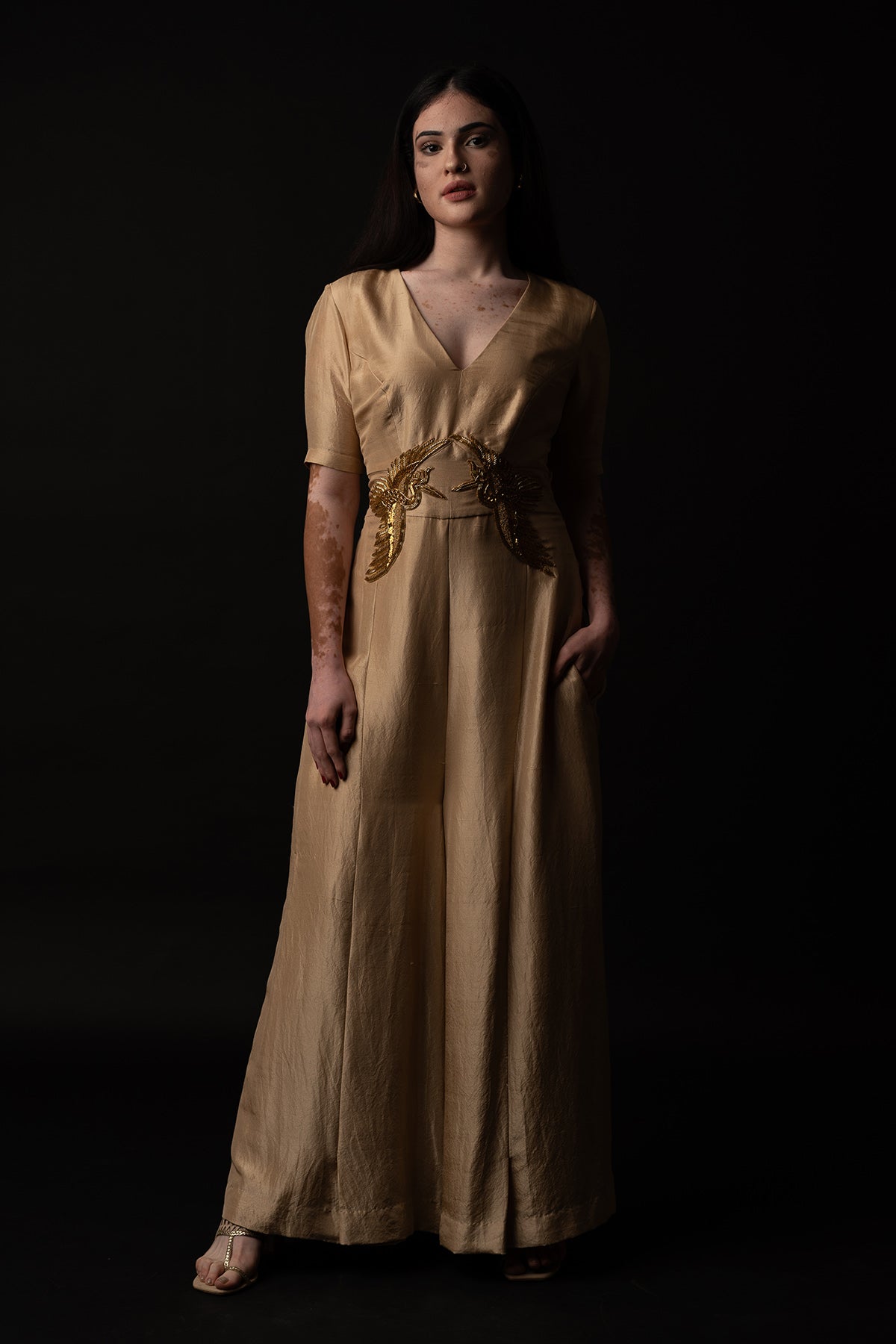 Beige Silk Embroidered Jumpsuit