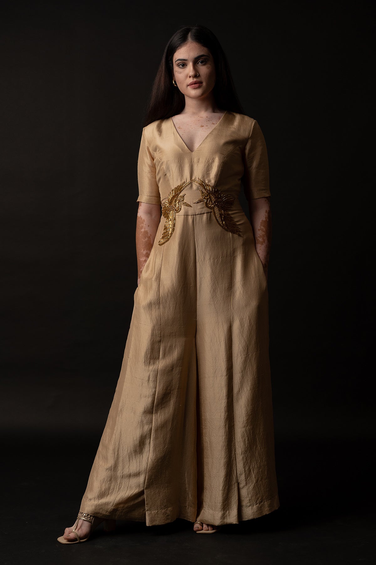 Buy Beige Silk Embroidered Jumpsuit by Krishnamani for Women online at ScrollnShops