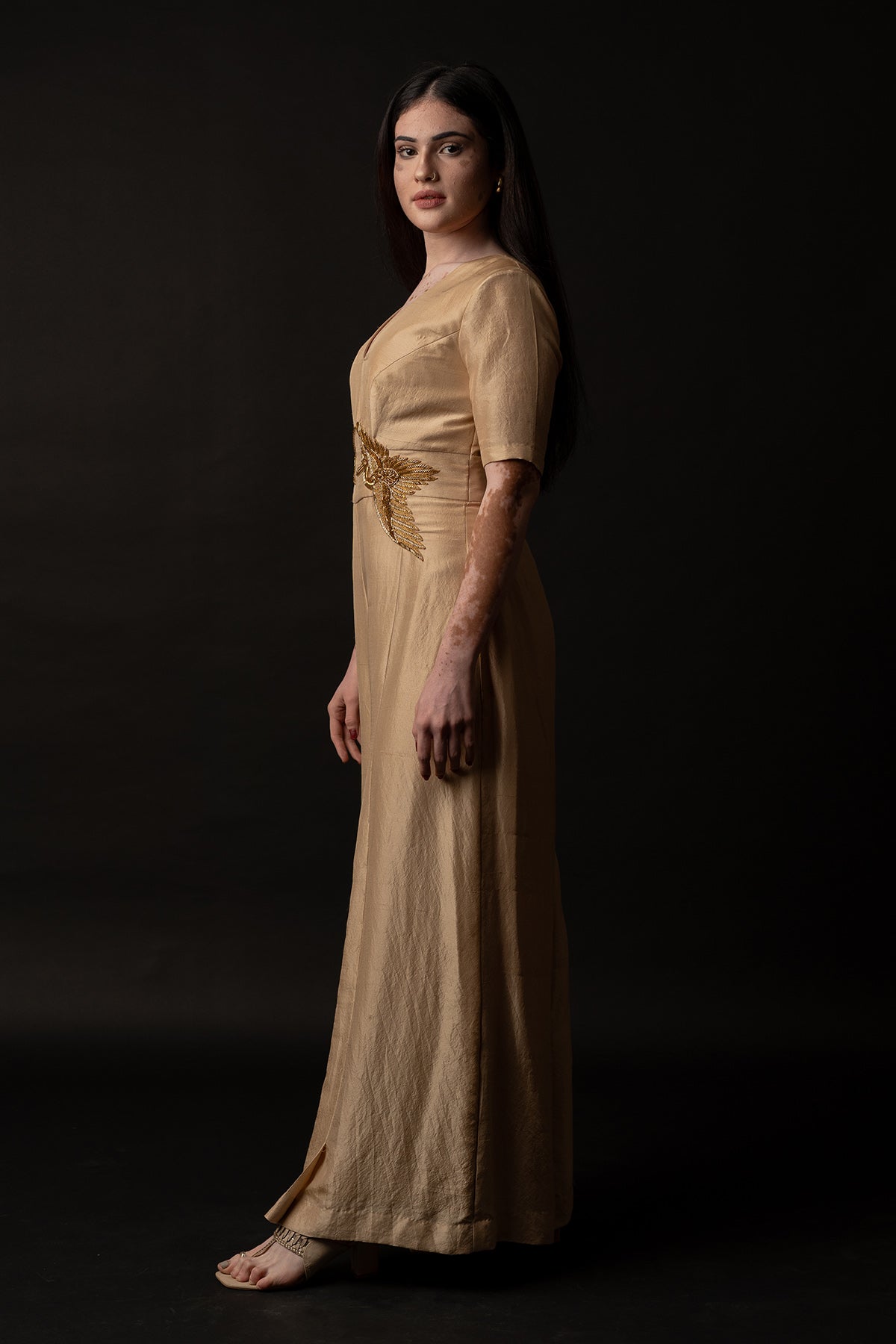 Beige Silk Embroidered Jumpsuit