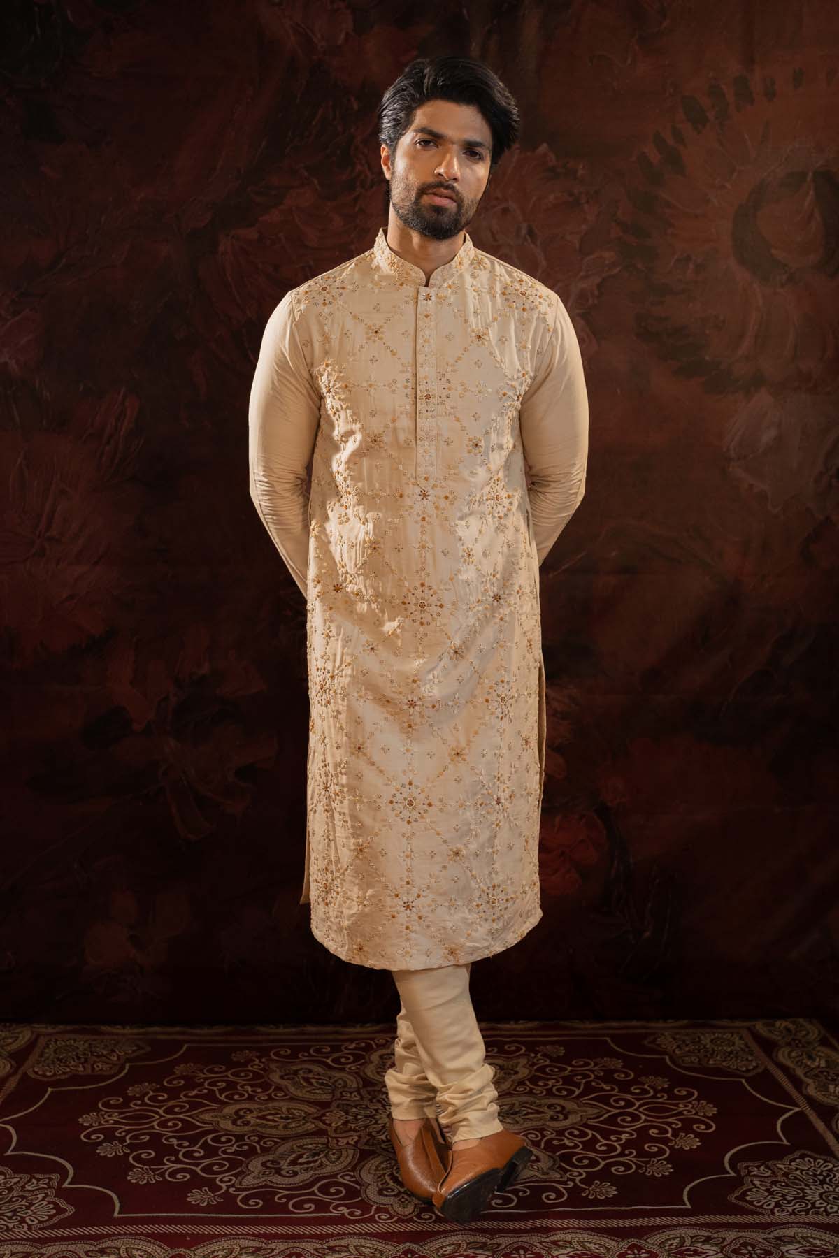 Buy Beige Silk Embroidered Kurta Set Online