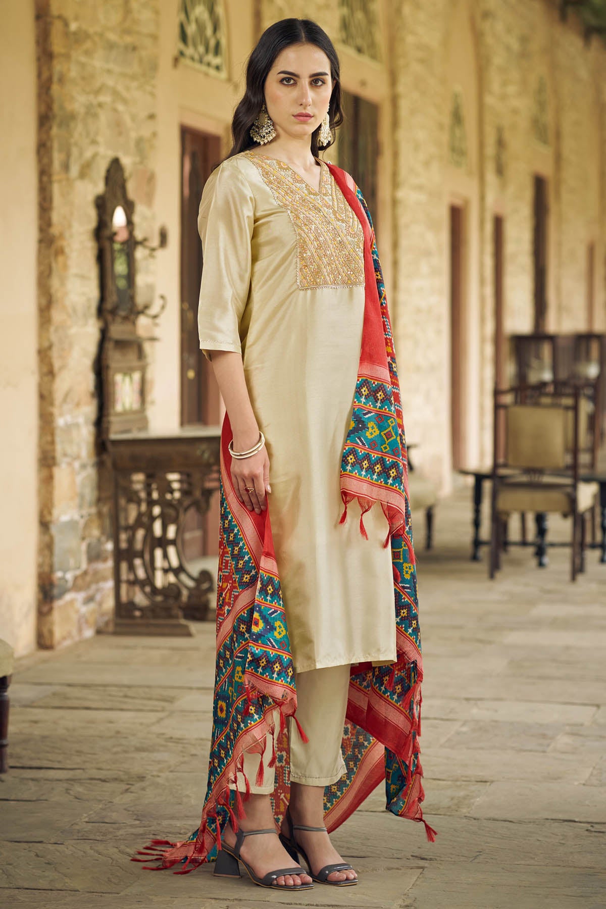 Beige Silk Embroidery Kurta Set