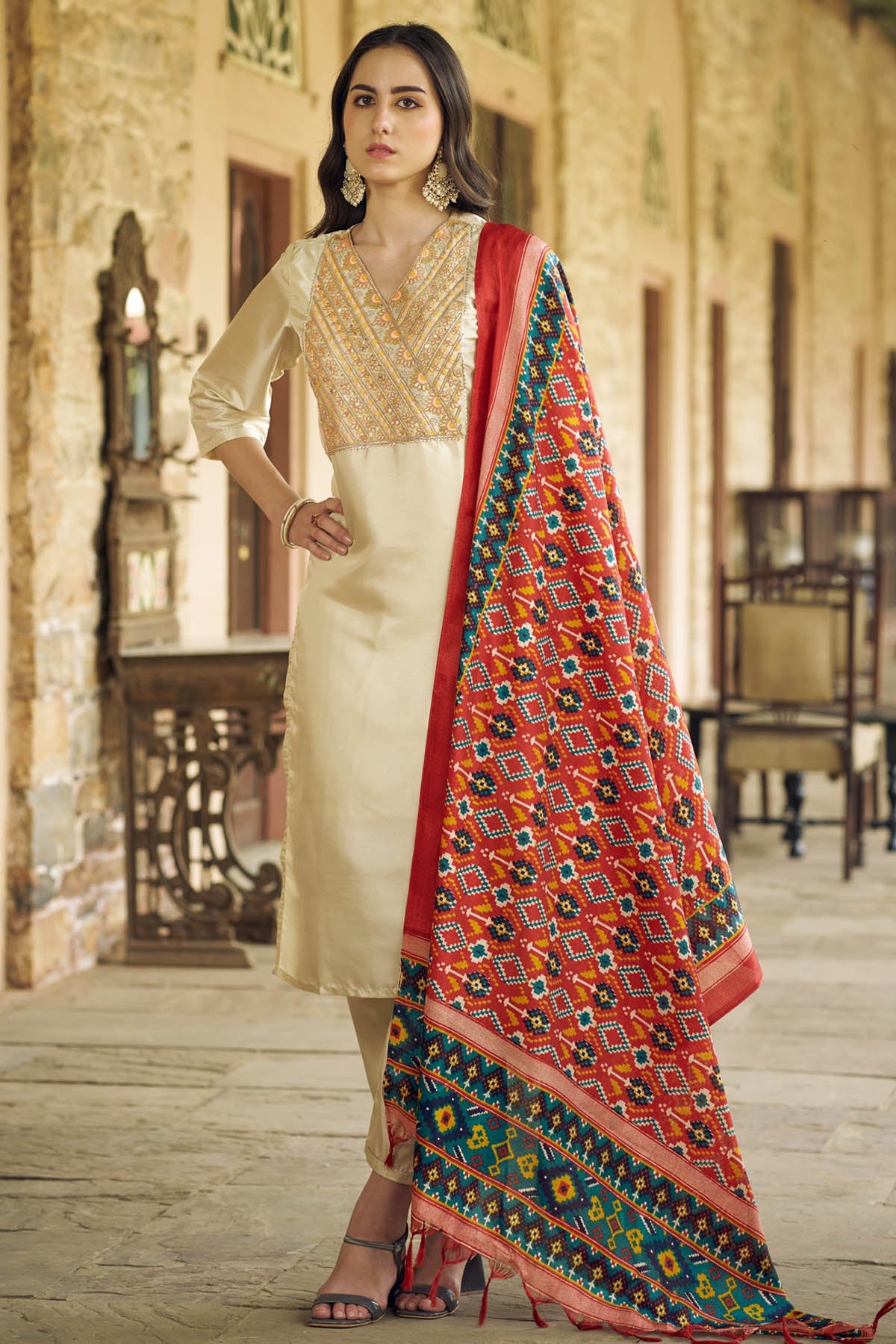 Buy Beige Silk Embroidery Kurta Set for women by Aastha Fashion online available at scrollnshops