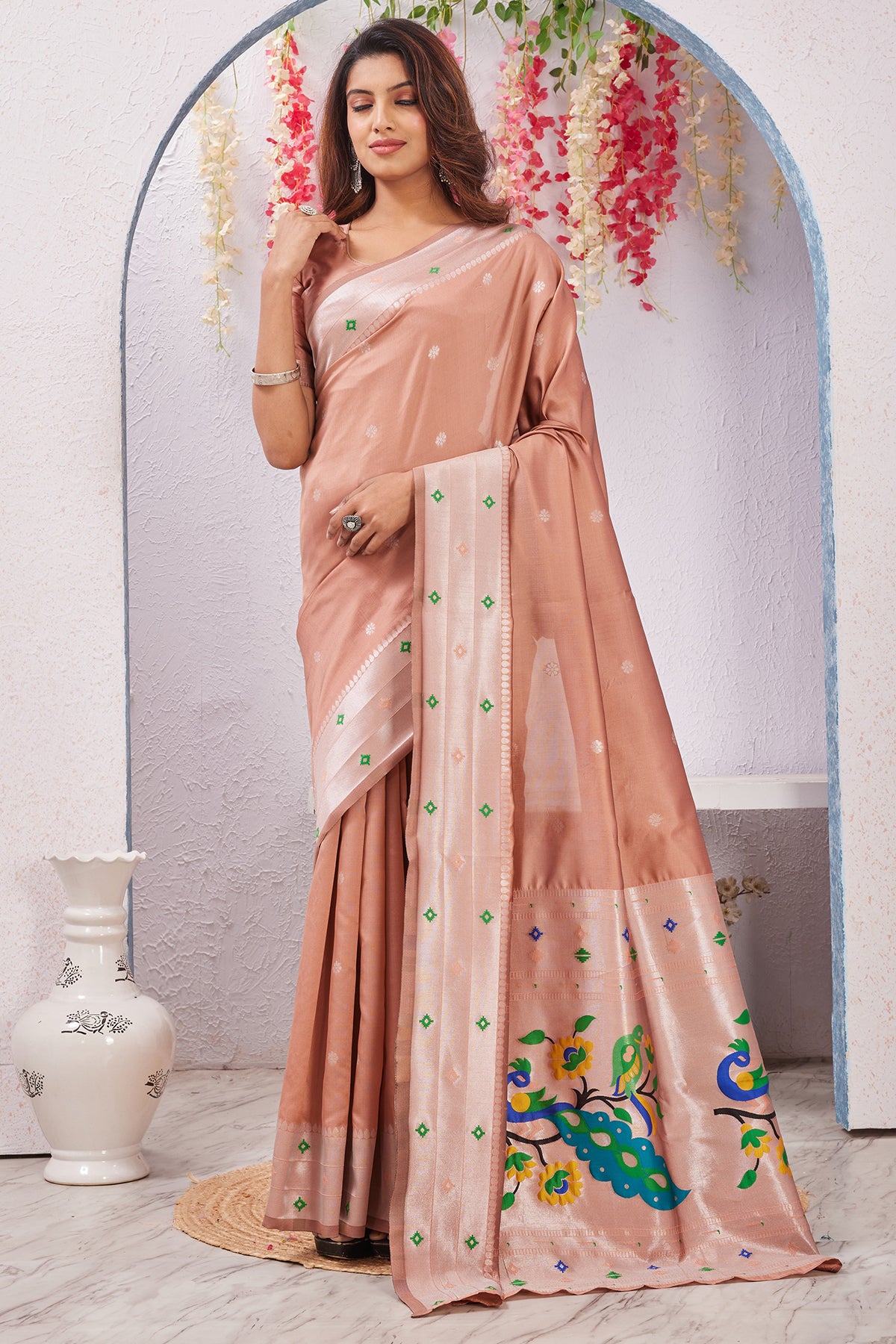Beige Silk Floral Pallu Saree