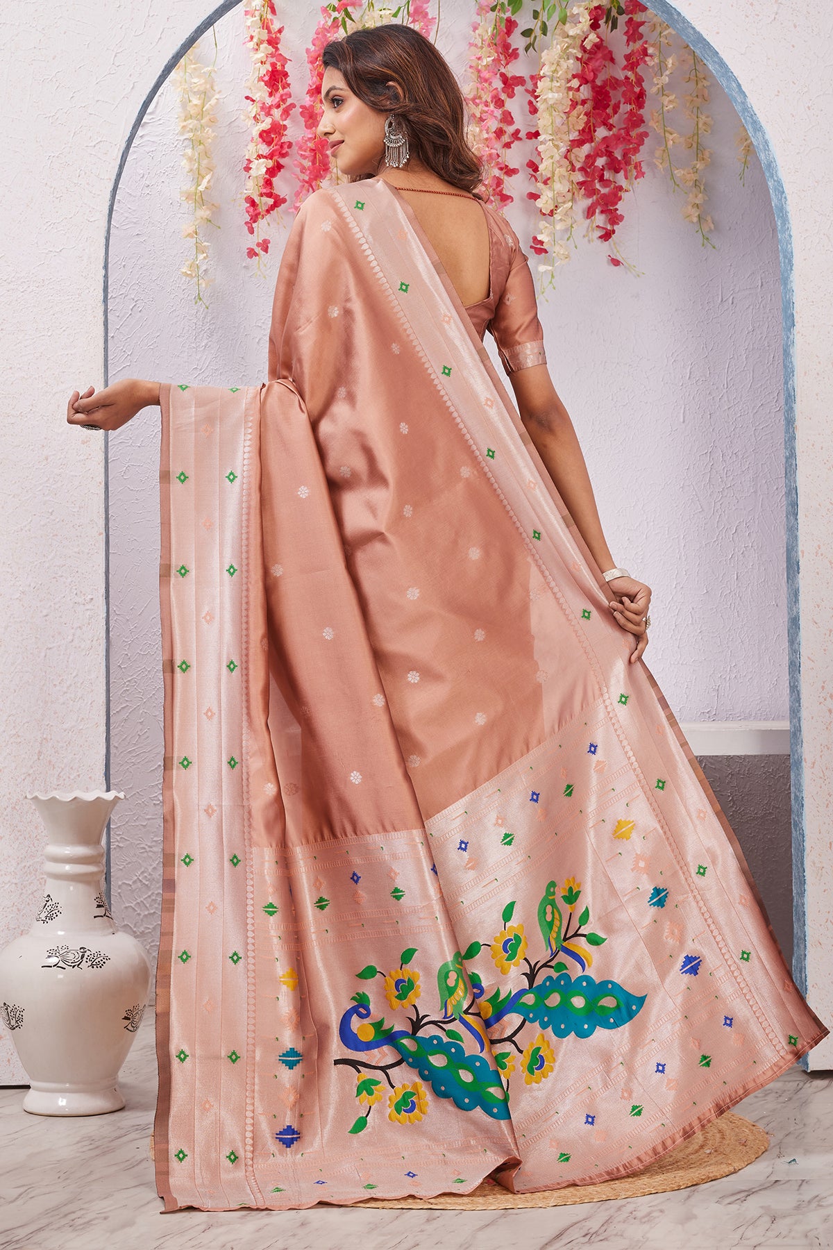 Beige Silk Floral Pallu Saree