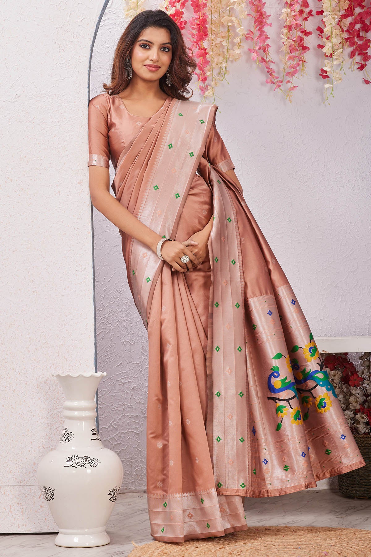 Beige Silk Floral Pallu Saree