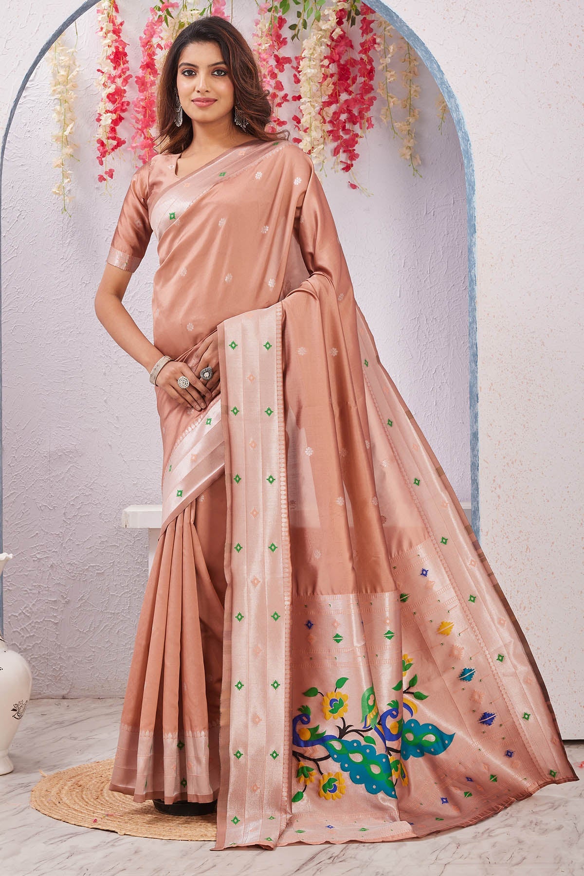 Buy Beige Silk Floral Pallu Saree for women by Aastha Fashion online available at scrollnshops