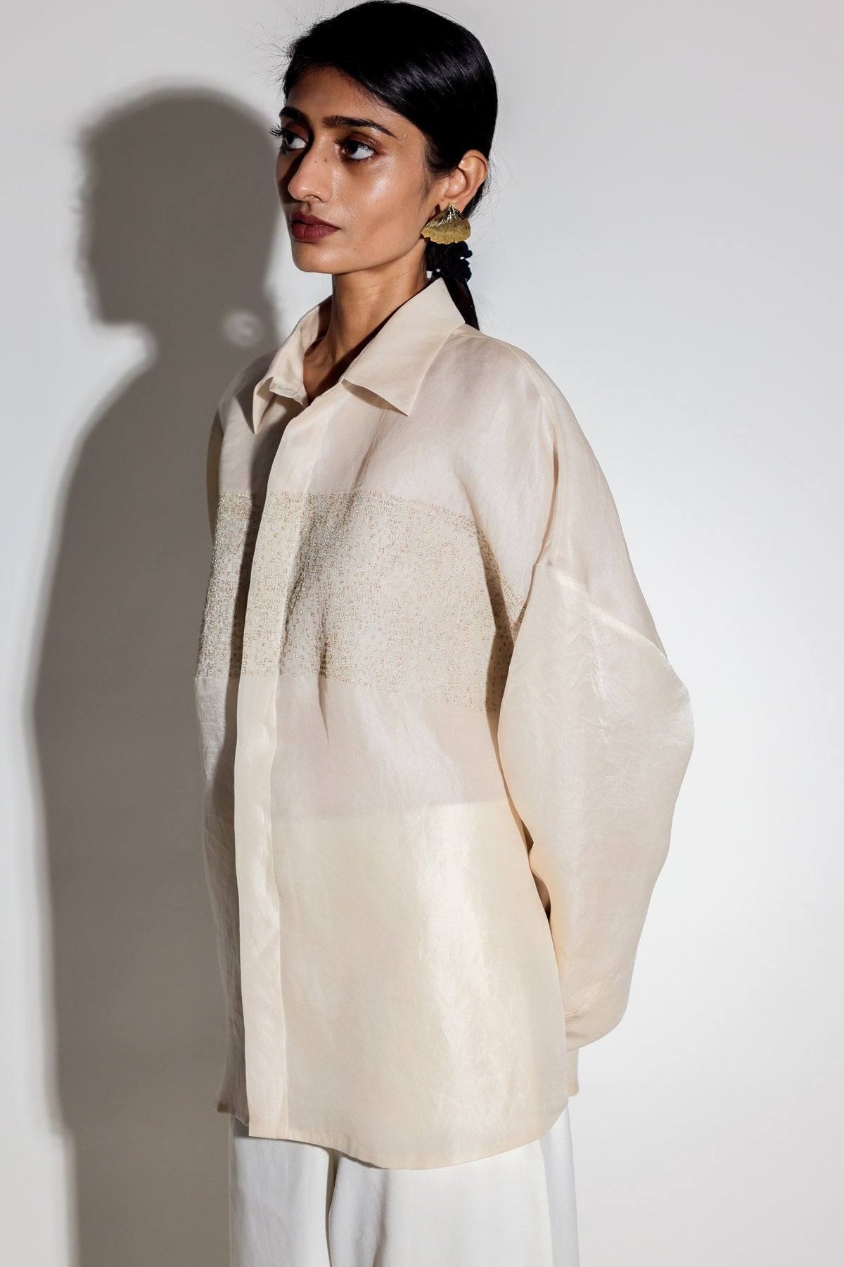 Beige Silk Organza Motif Shirt