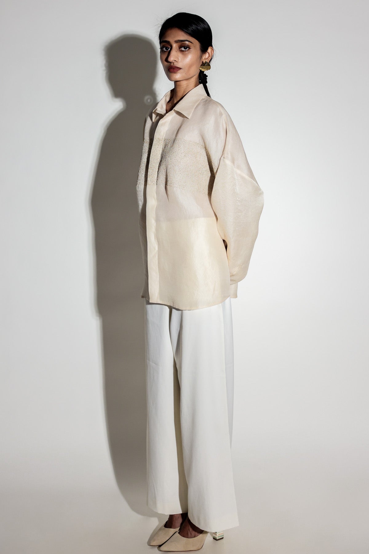 Beige Silk Organza Motif Shirt