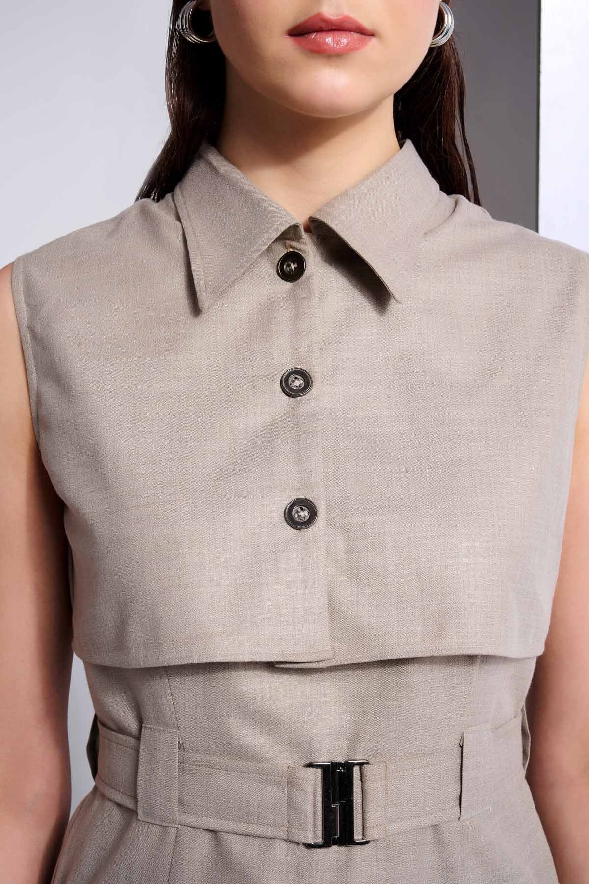 Beige Sleeveless Collar Top