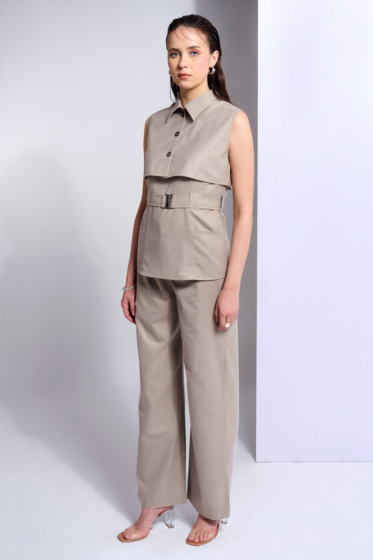 Beige Sleeveless Collar Top