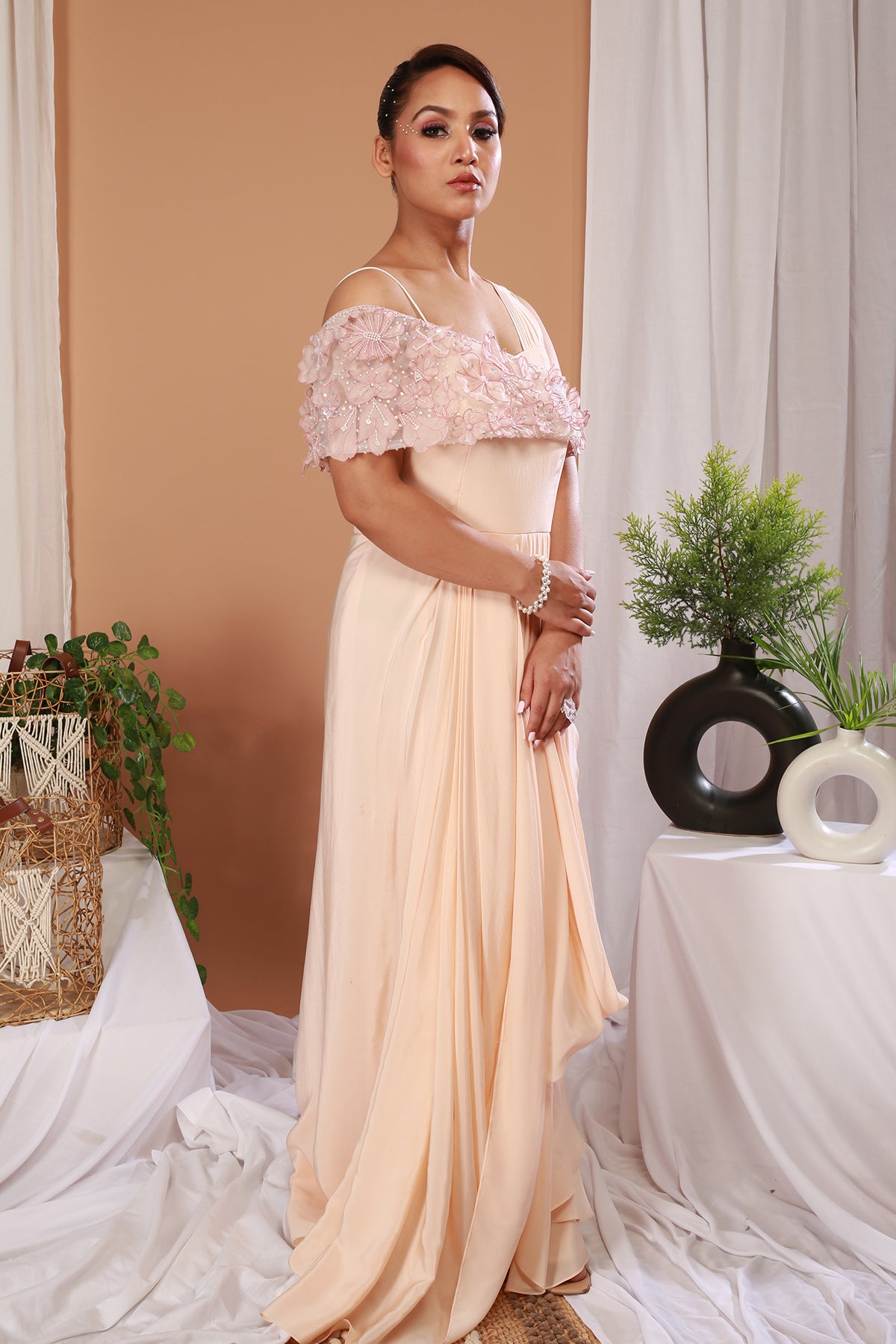 Beige Sleeveless Draped Dress