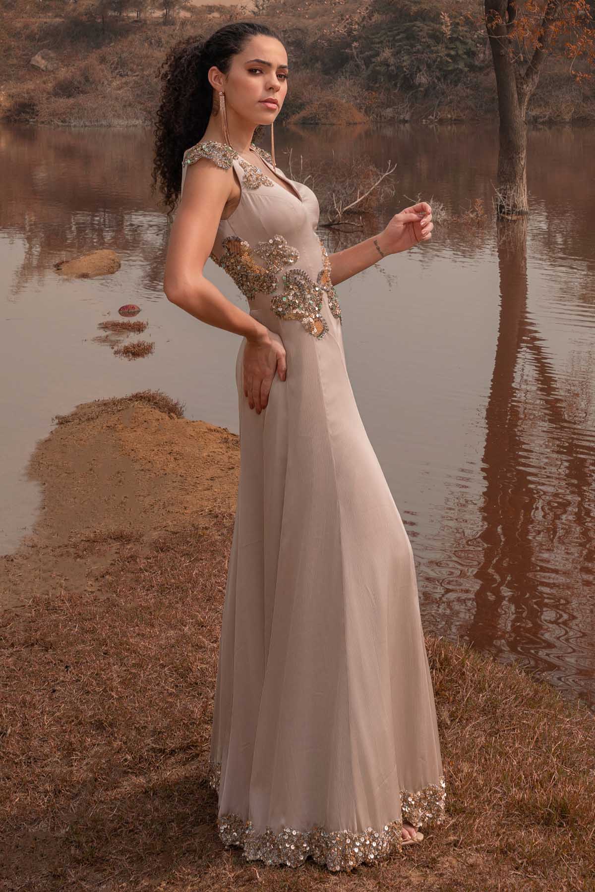 Beige Sleeveless Flared Jumpsuit