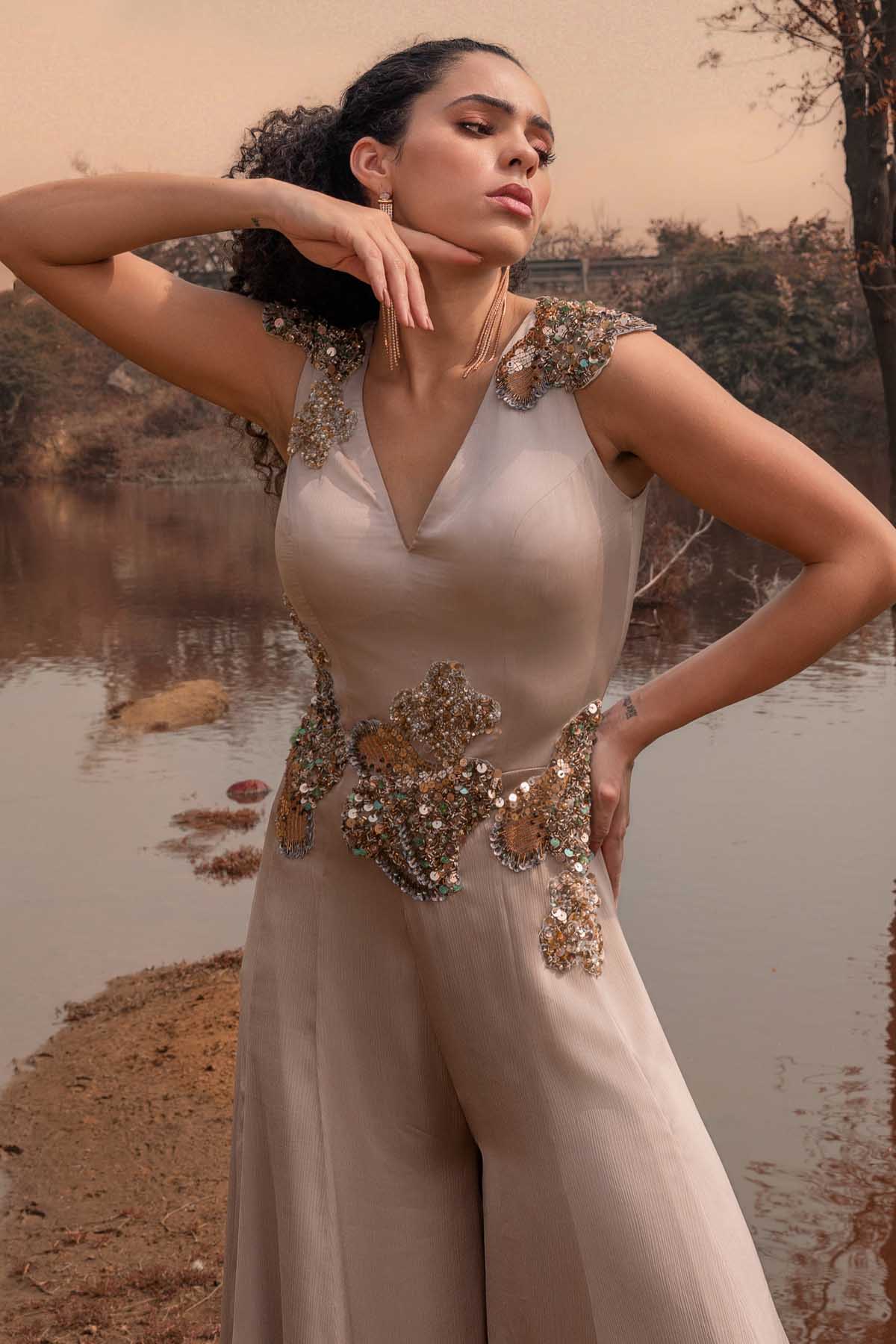 Beige Sleeveless Flared Jumpsuit