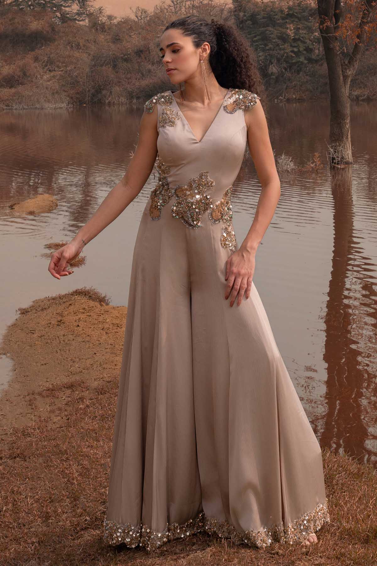 Beige Sleeveless Flared Jumpsuit