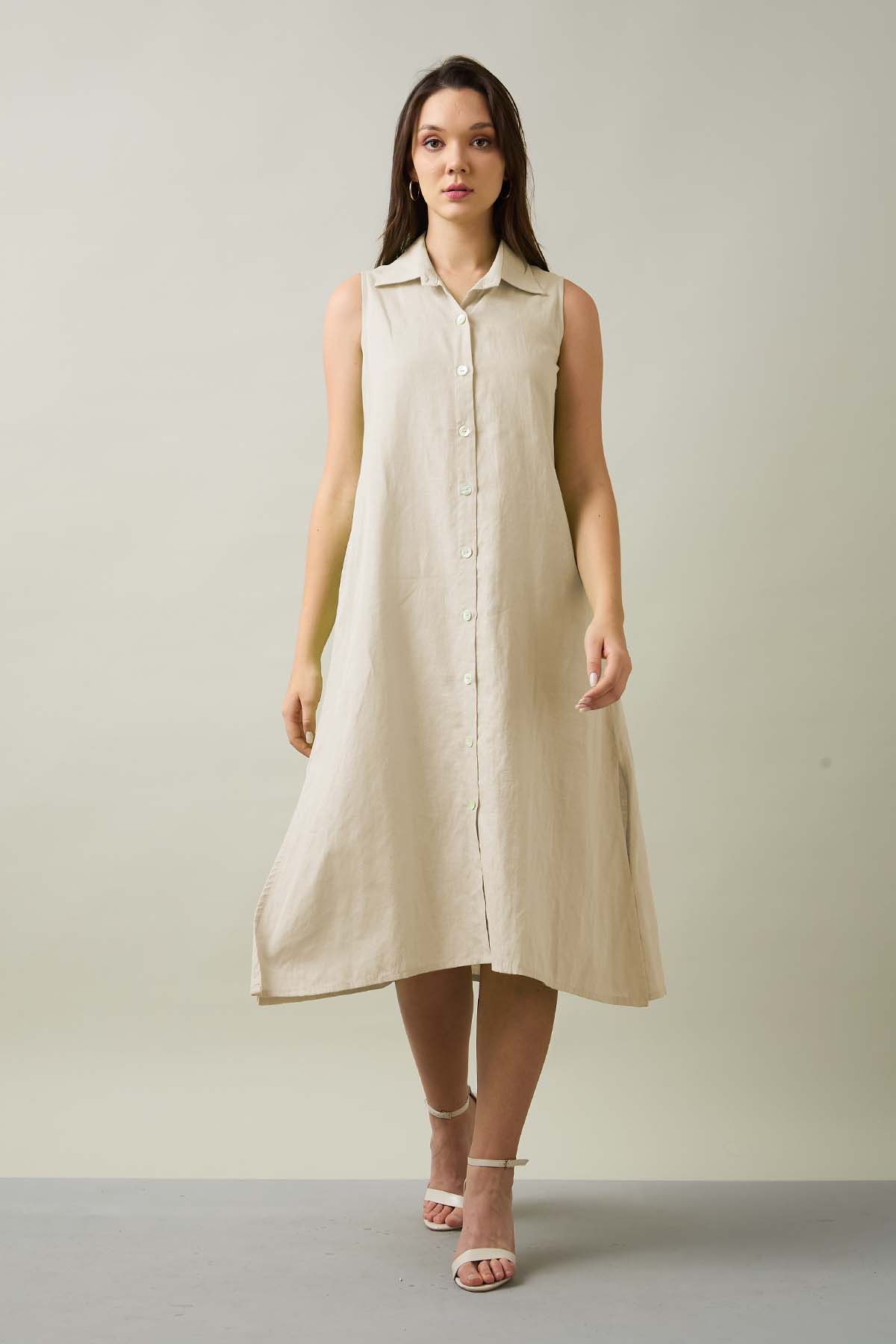 Buy Beige Sleeveless Shirt Dress for Women by SNEHA B Designer online available at scrollnshops