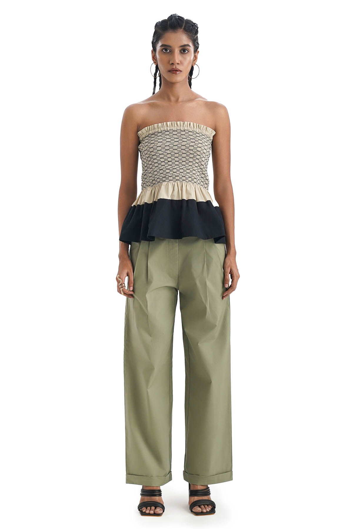 Beige Smocked Cotton Tube Top