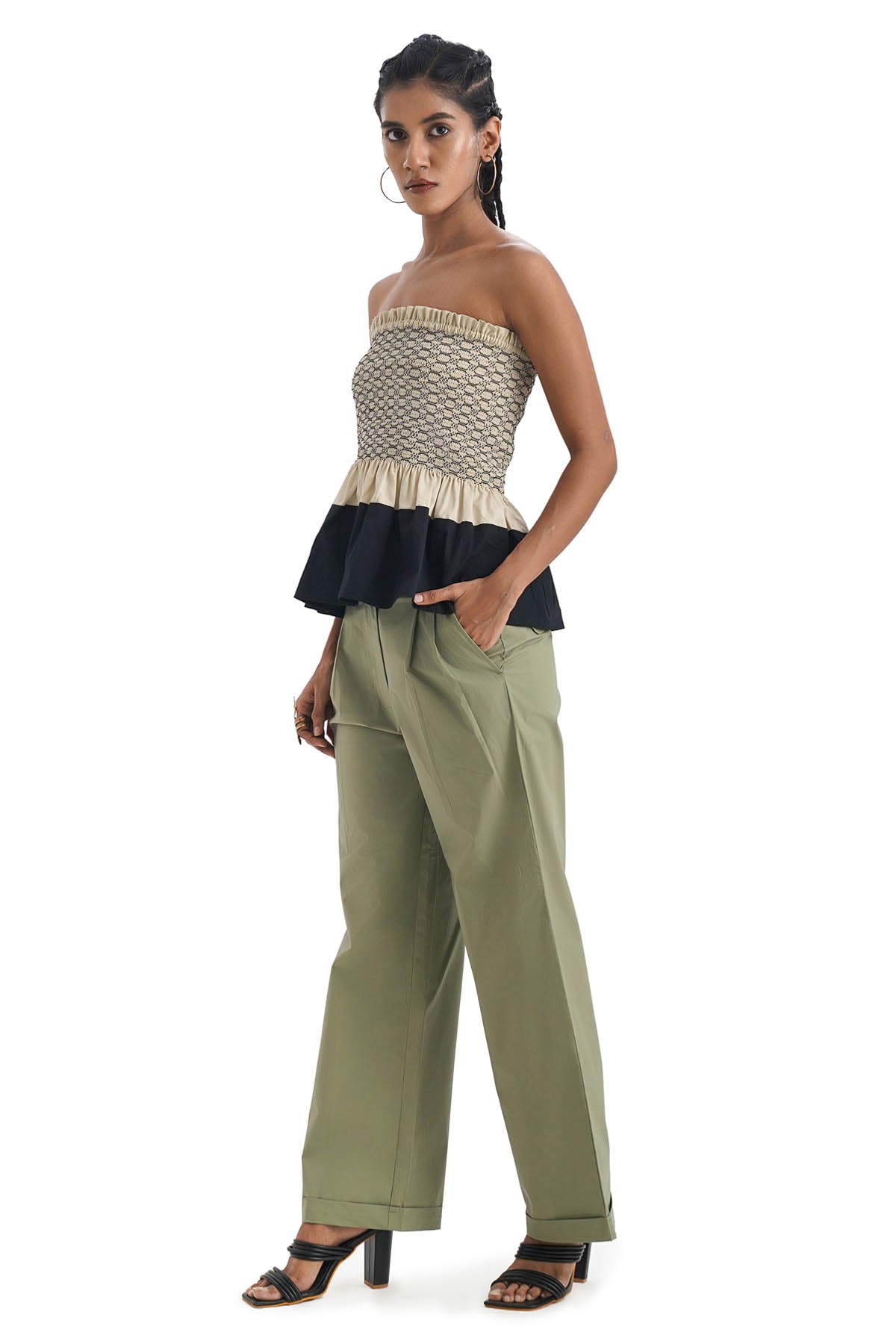 Beige Smocked Cotton Tube Top