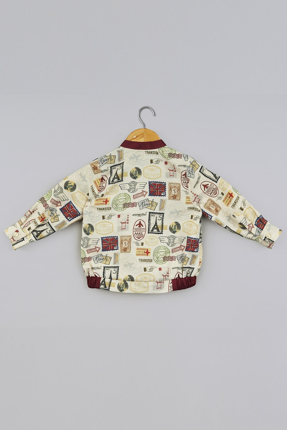Buy Beige Stamp Theme Bomber Jacket for boy by Little Brats online available at scrollnshops