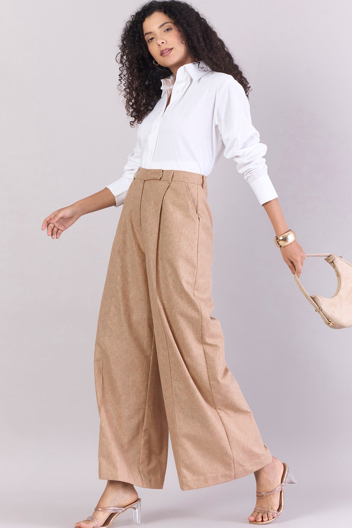 Beige Straight Wide-Leg Trousers
