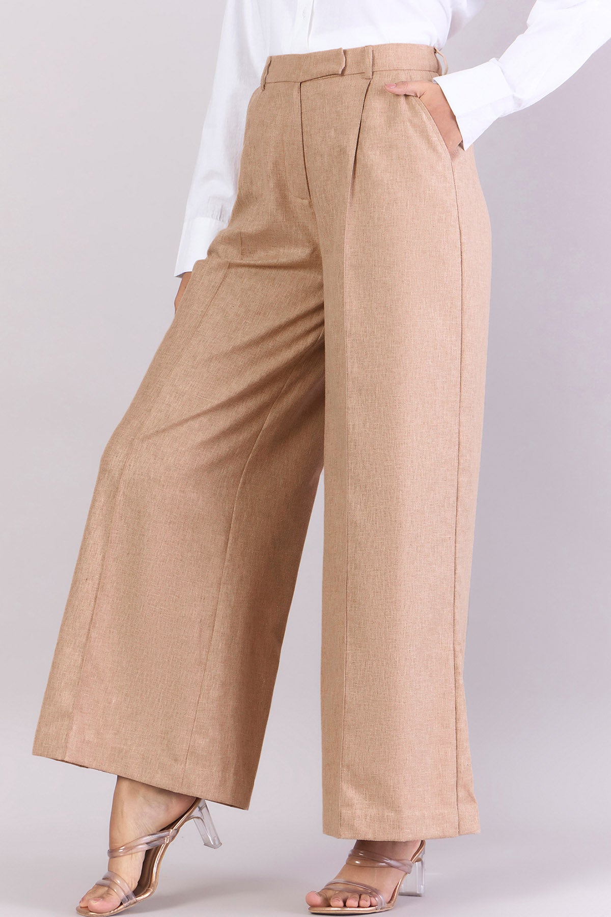 Beige Straight Wide-Leg Trousers