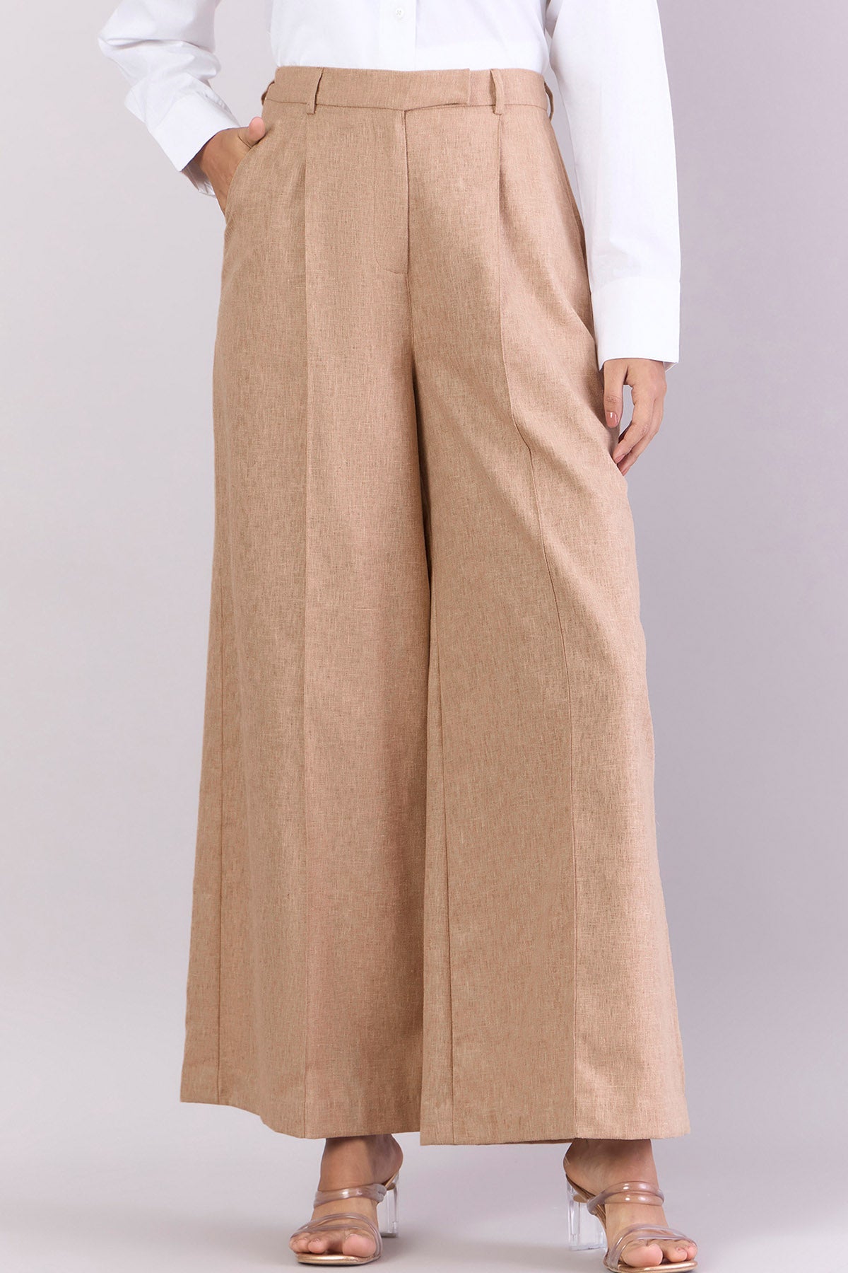 Buy Beige Straight Wide-Leg Trousers by PowerSutra for women online at ScrollnShops