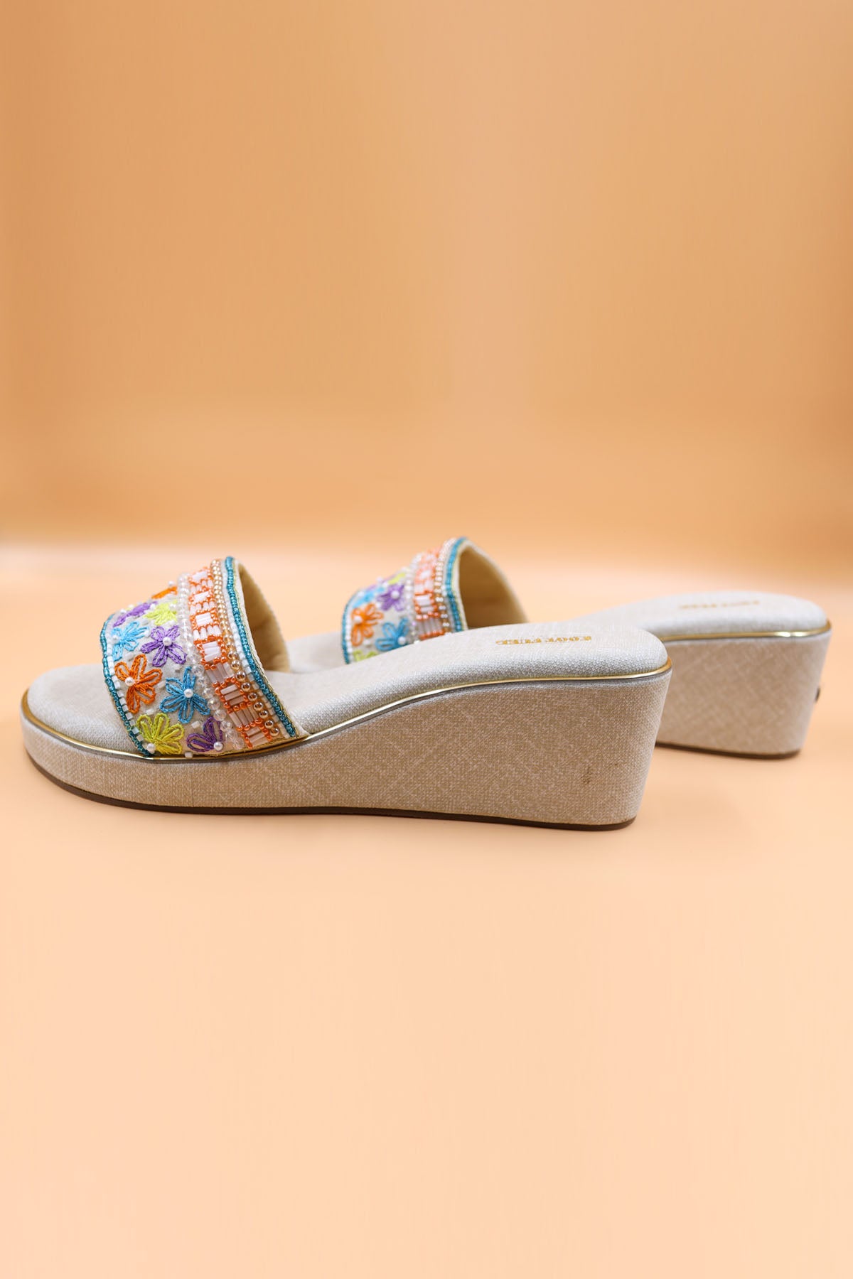 Beige Thread Embellished Wedges