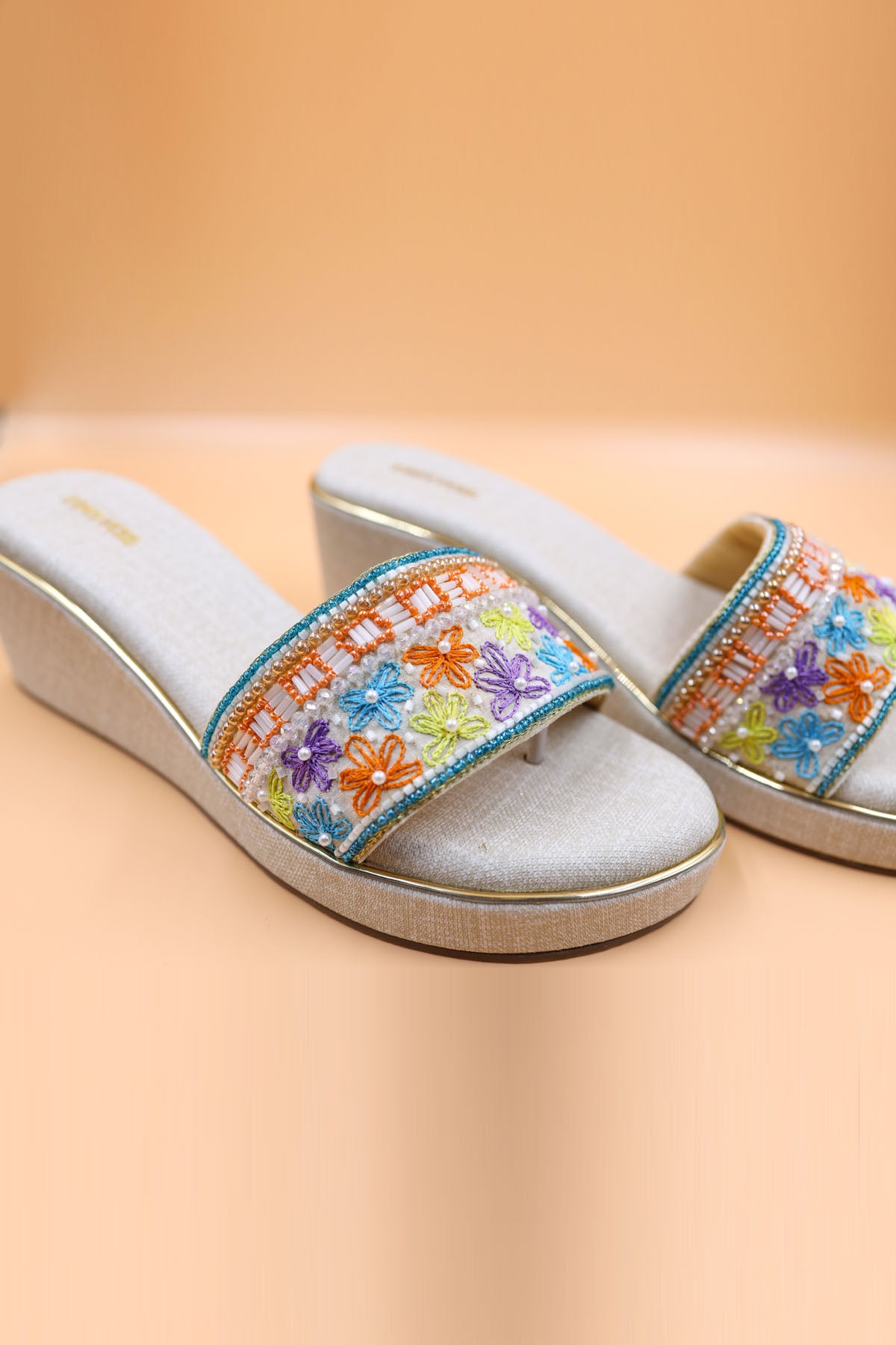 Beige Thread Embellished Wedges