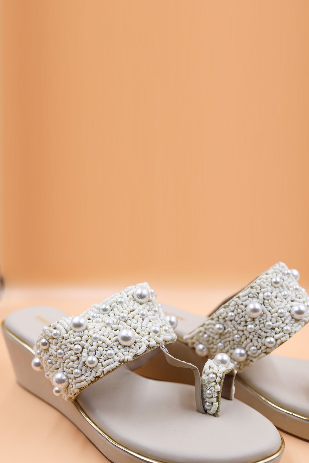 Beige Thread Embroidered Wedges