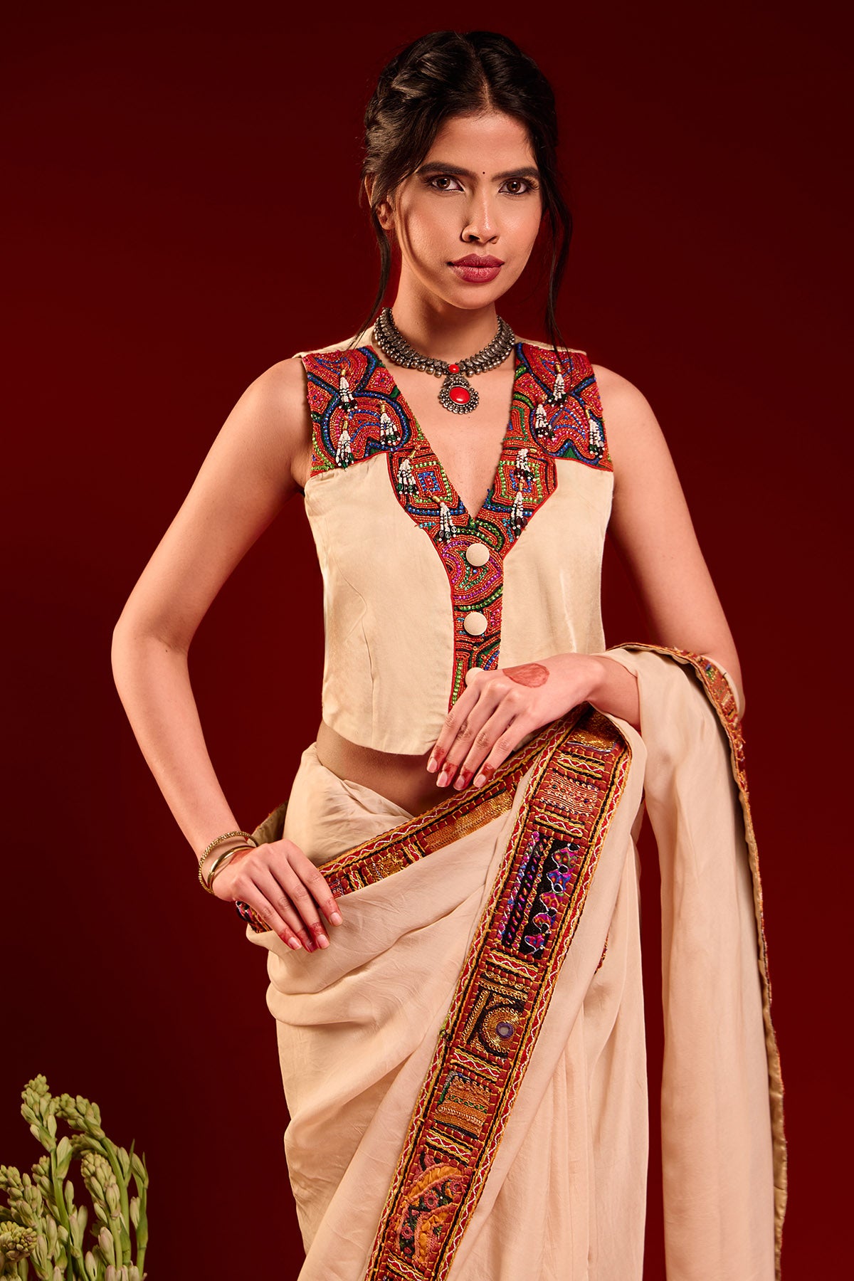 Beige Thread Saree And Blouse