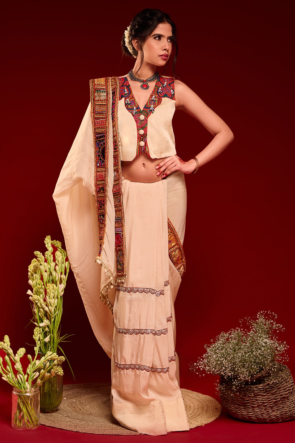 Beige Thread Saree And Blouse