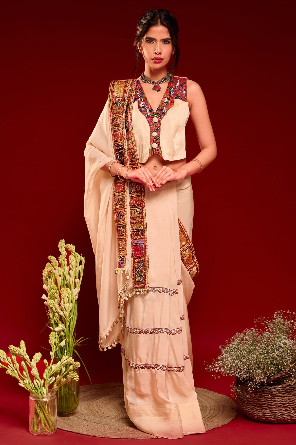 Buy Beige Thread Saree And Blouse for women by Aishawarya Tyagi online available at scrollnshops